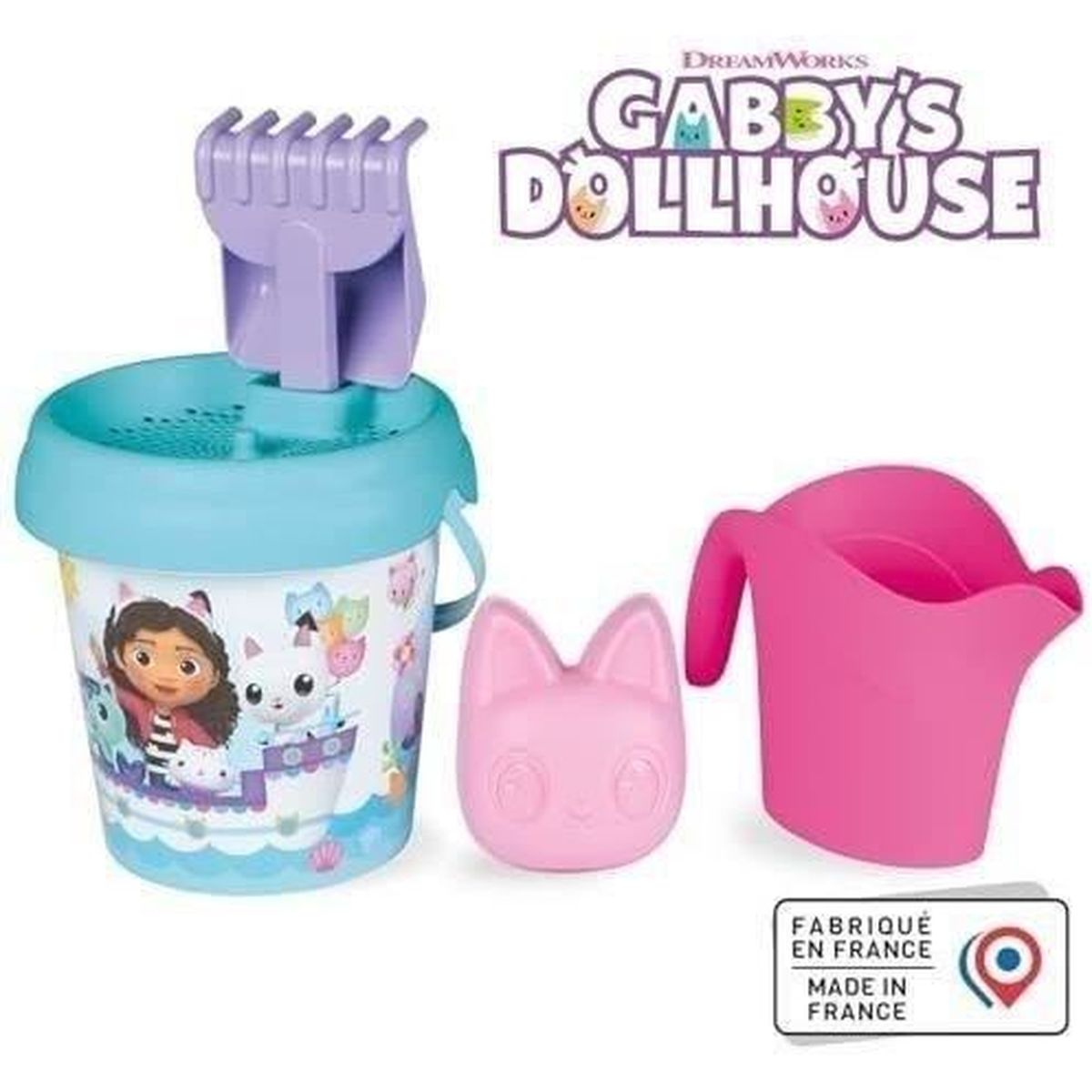 Gabby's Dollhouse play set with bucket, shovel, cat-shaped item, and a watering can.