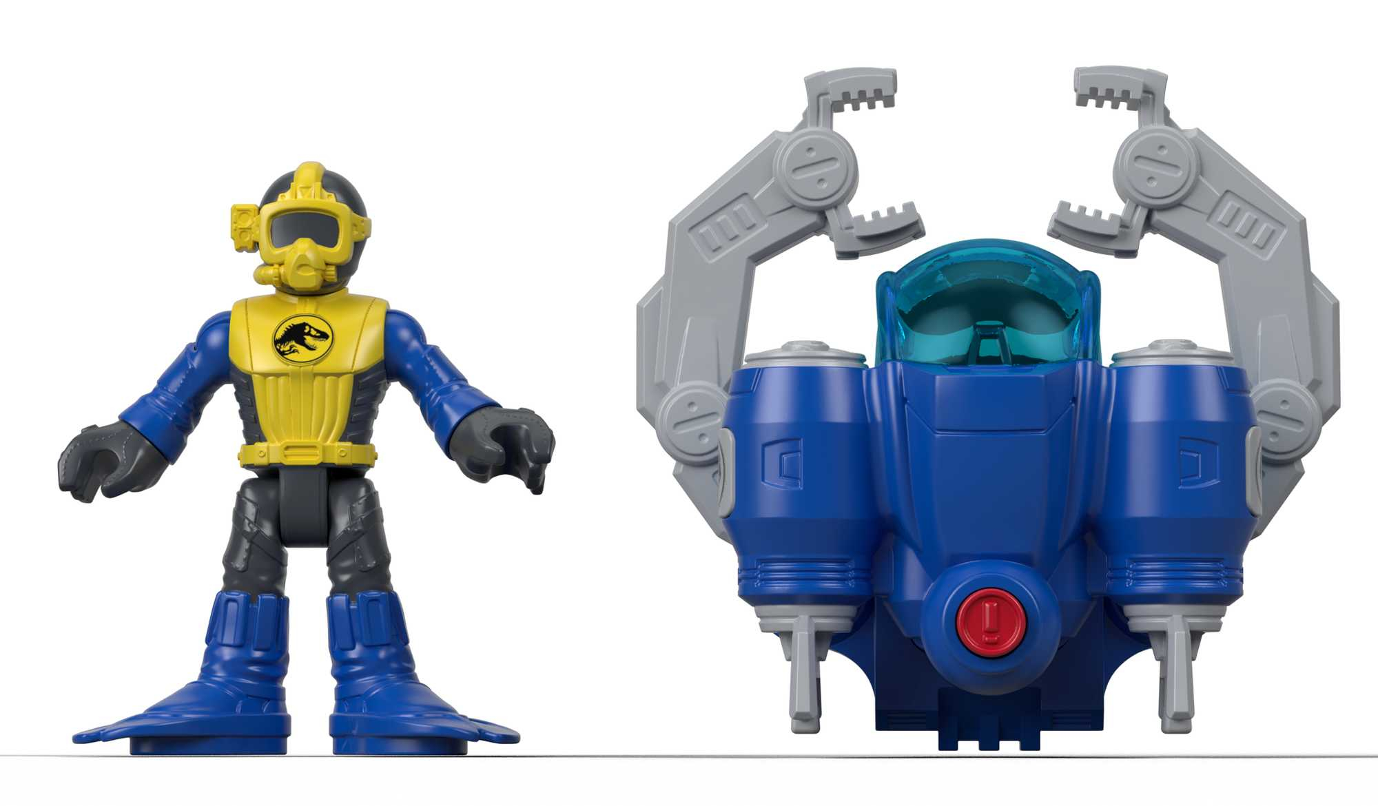 Figurka nurka i niebieska maszyna. Maszyna ma ramiona.