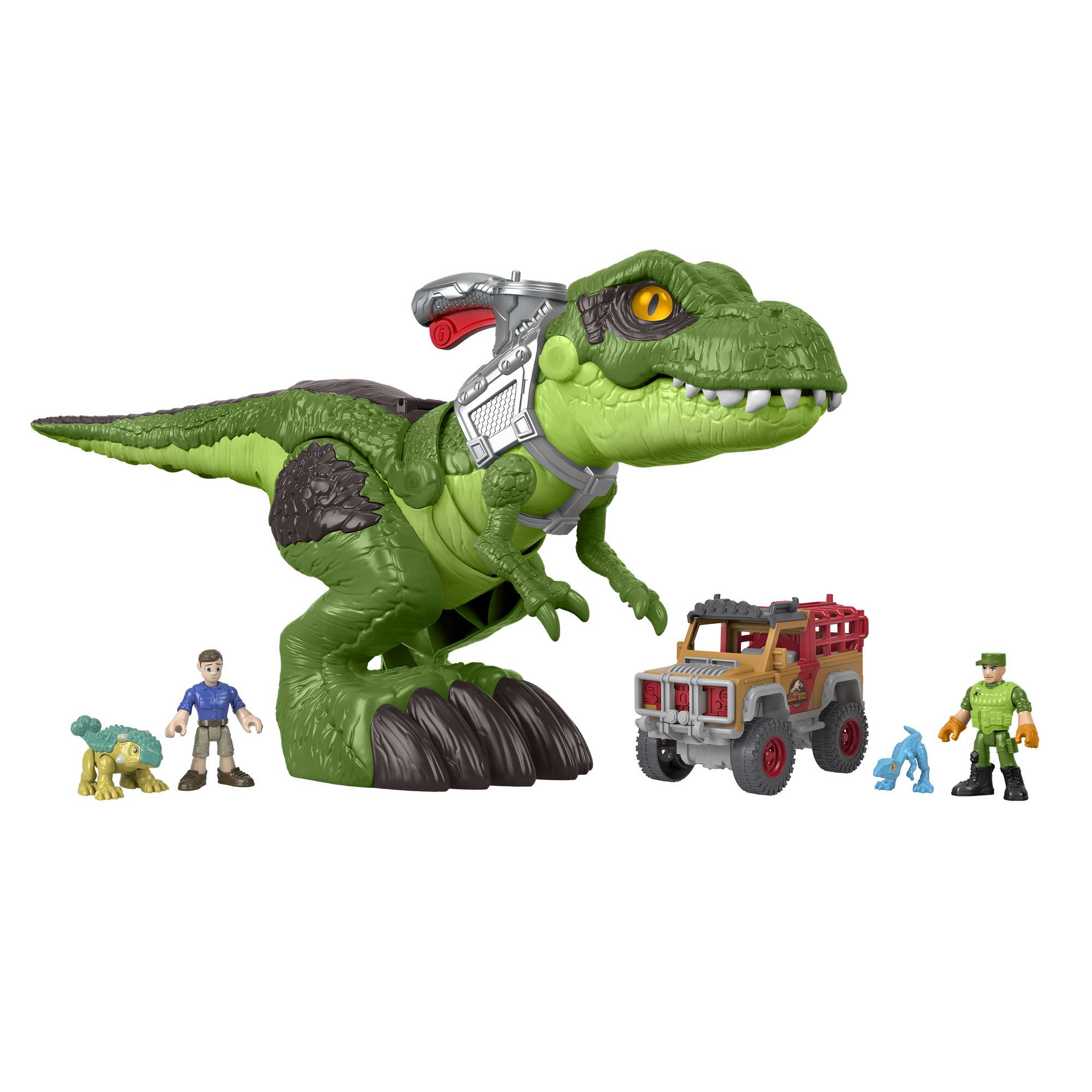 Zielona zabawka dinozaura z jeepem i figurkami ludzi. Znajdują się na białym tle.