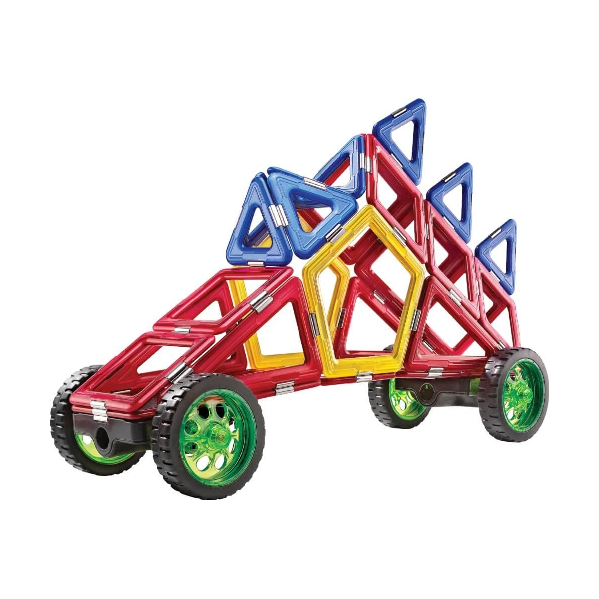 Un'auto giocattolo costruita con forme geometriche rosse, gialle e blu, con ruote verdi su sfondo bianco.