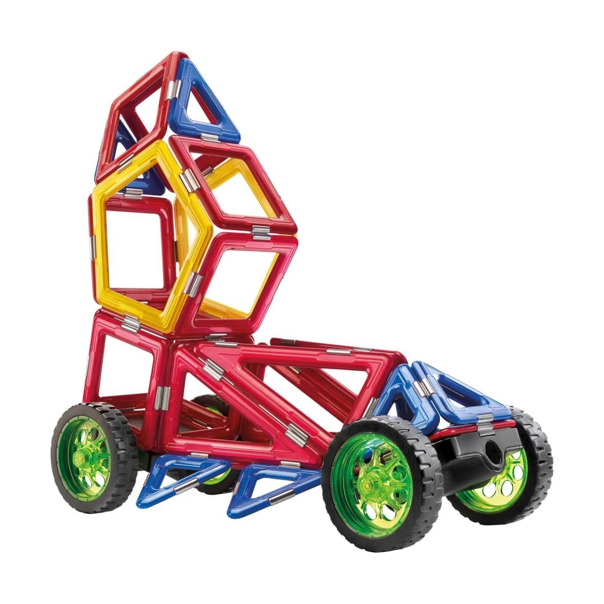 Macchina giocattolo fatta con forme geometriche. Ha sezioni rosse, gialle e blu, con ruote verdi.