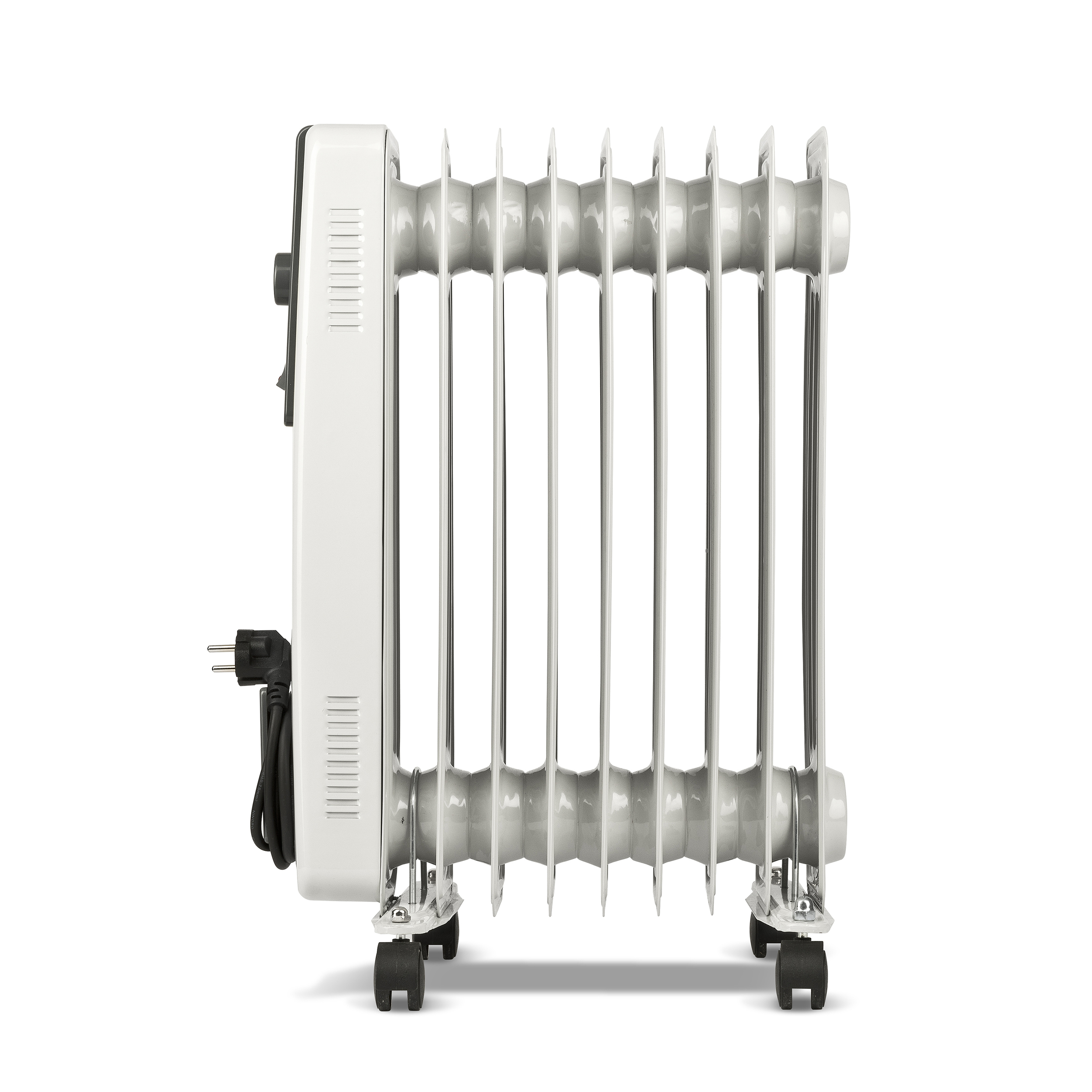 Biały grzejnik olejowy z żebrami, kołami i przewodem.