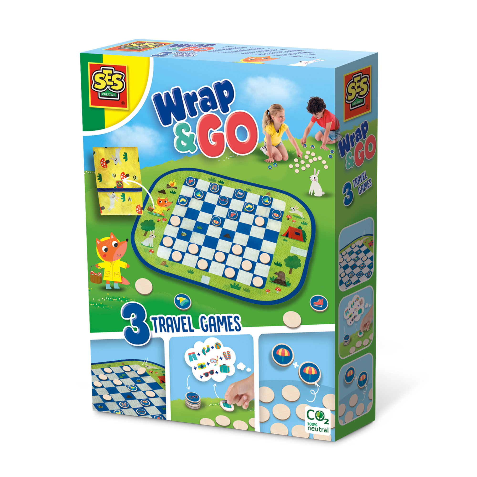 Verpakt bordspel 'Wrap & Go'. Afbeeldingen tonen bord en stukken. Wit.