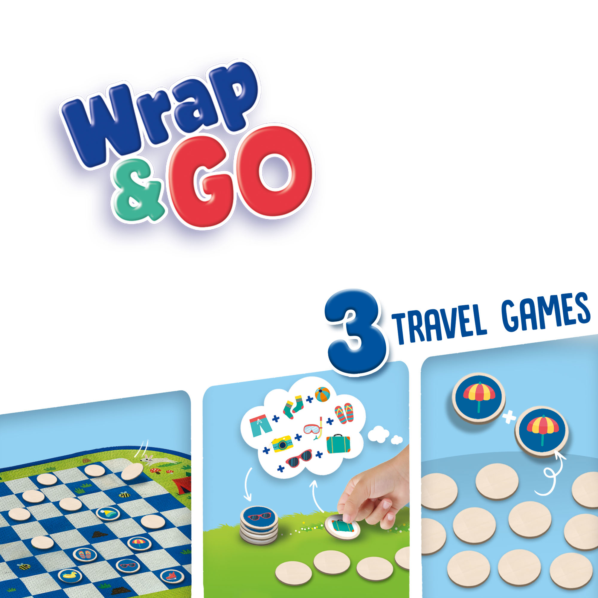 Bordspel 'Wrap & Go' met spelonderdelen en afbeeldingen. Witte achtergrond.