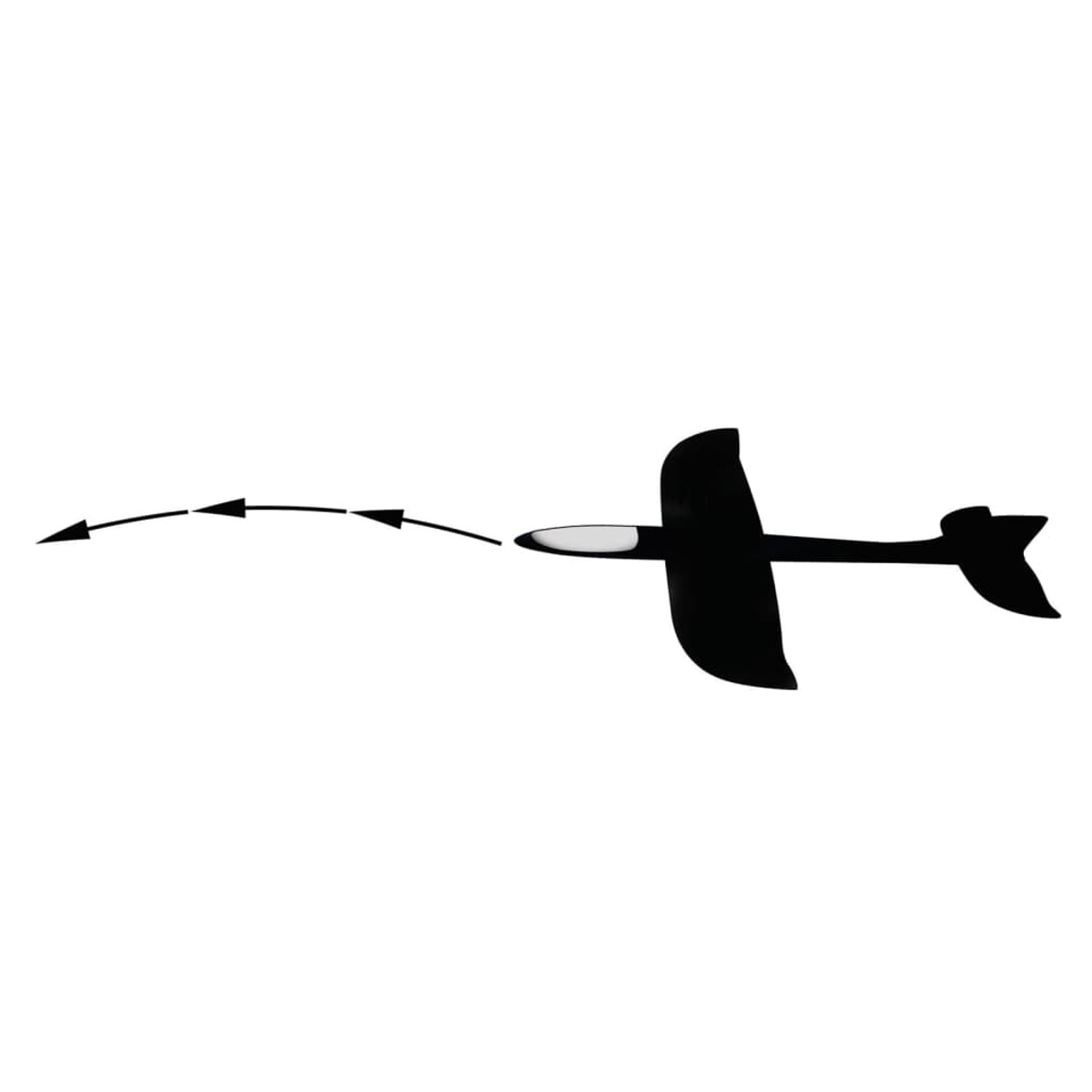 Silhouette di un aereo nero con percorso curvo e frecce su sfondo bianco.