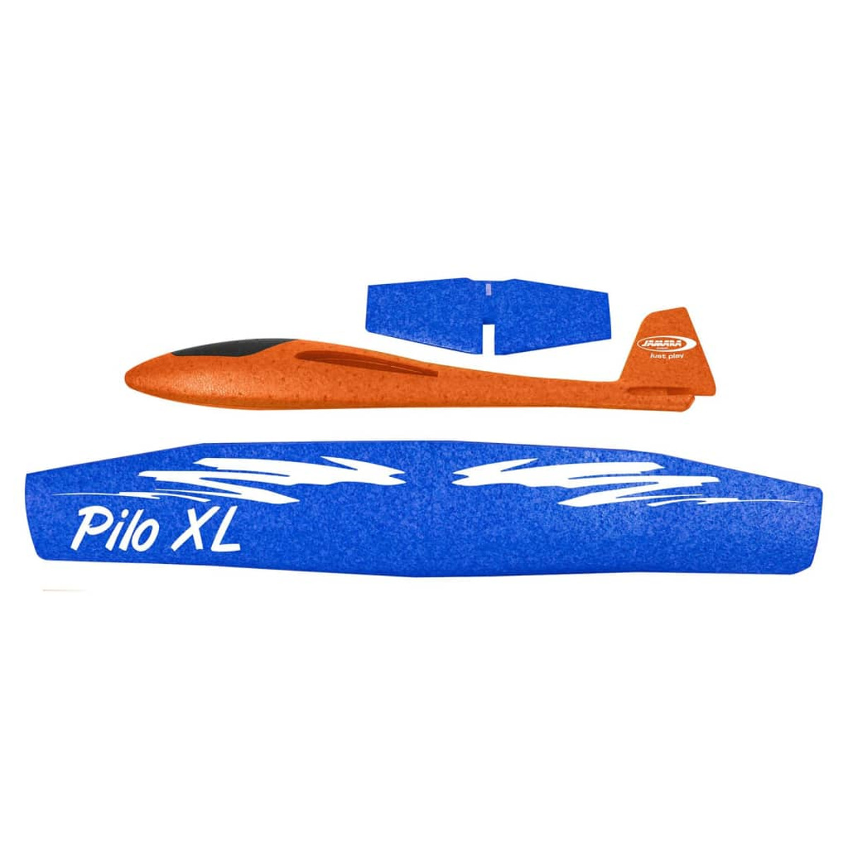 Parti di aeroplano giocattolo arancioni e blu, con il nome 'Pilo XL' scritto sull'ala.