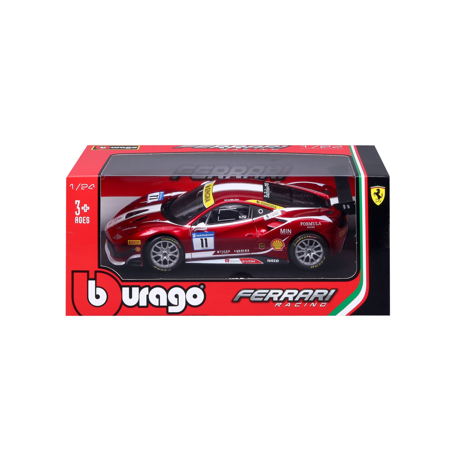 Czerwony model samochodu wyścigowego Ferrari w czerwonym pudełku. Pudełko ma logo Ferrari i napis 'Ferrari Racing'.