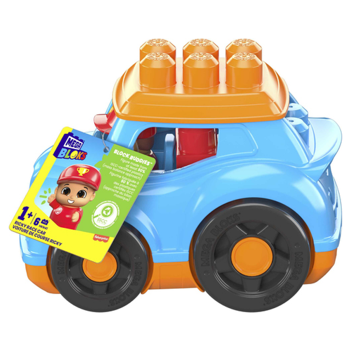 Coche de carreras Mega Bloks azul y naranja con una figura de conductor. Sobre fondo blanco.