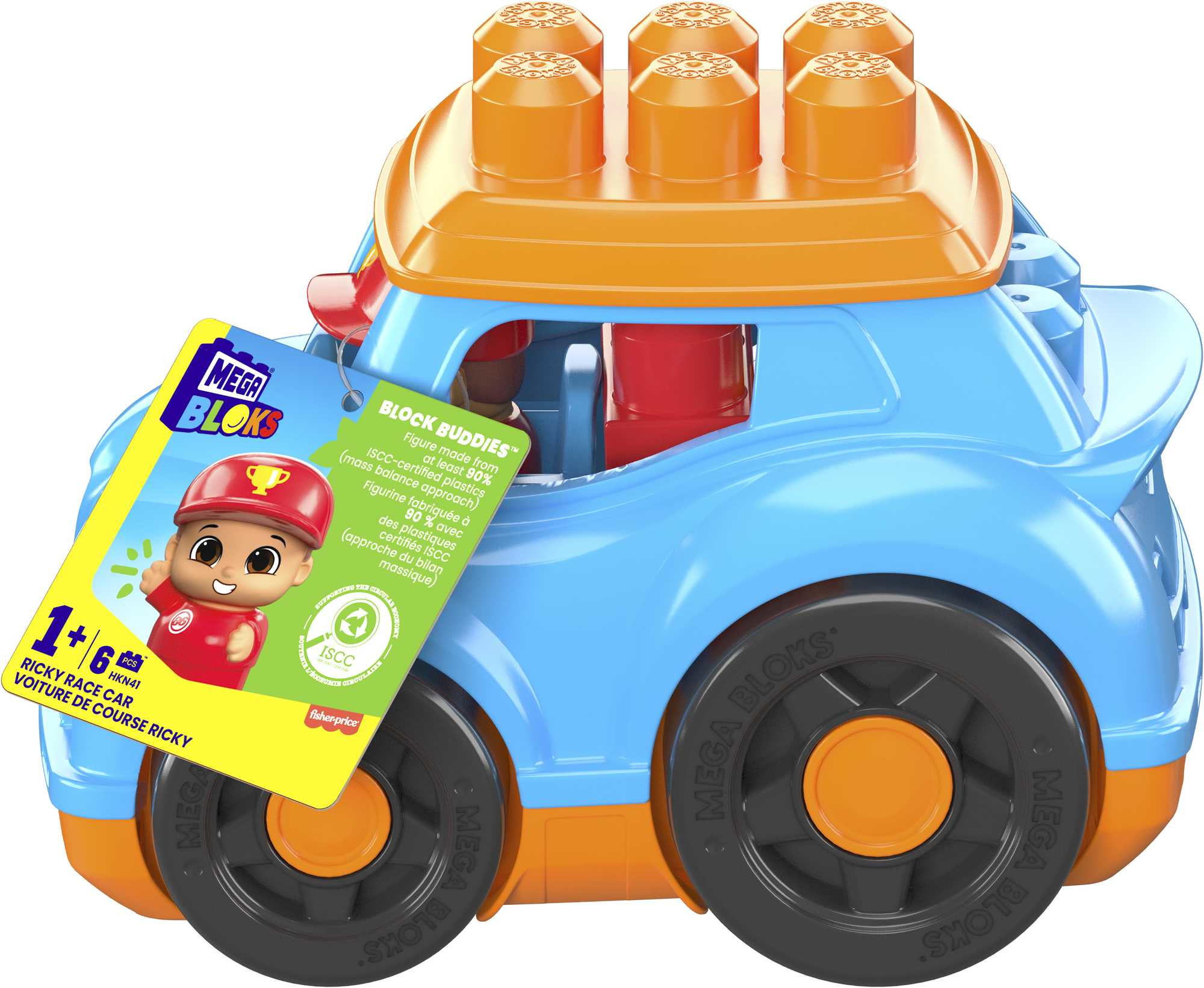 Coche de carreras Mega Bloks azul y naranja. Figura de piloto y parada en boxes en la escena.