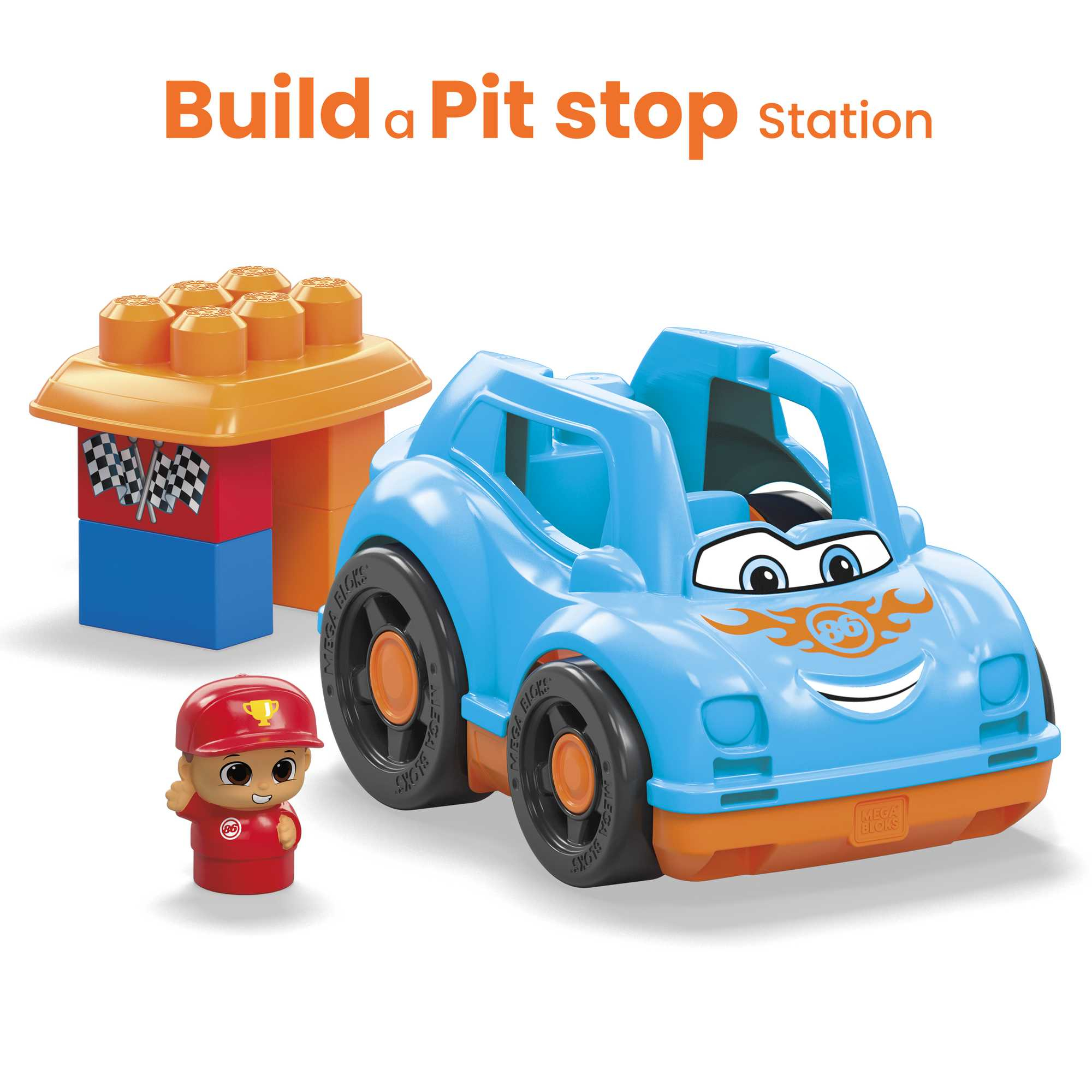 Un juego de coches de juguete con un coche azul, una figura y una estación de boxes.
