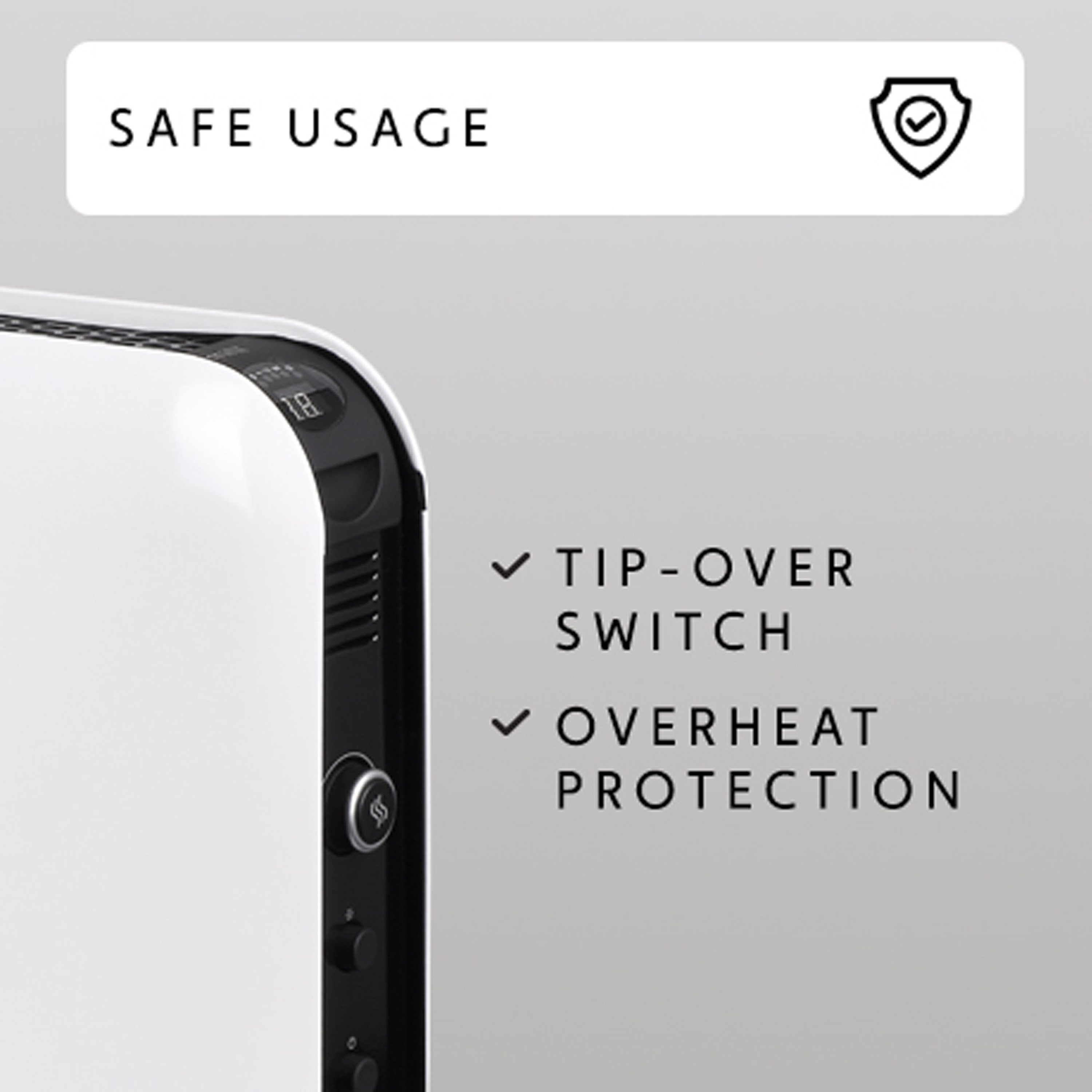 Biała grzałka z czarnymi elementami sterującymi. Tekst: BEZPIECZNE UŻYTKOWANIE, PRZEŁĄCZNIK PRZECHYŁU i OCHRONA PRZED PRZEGRZANIEM.