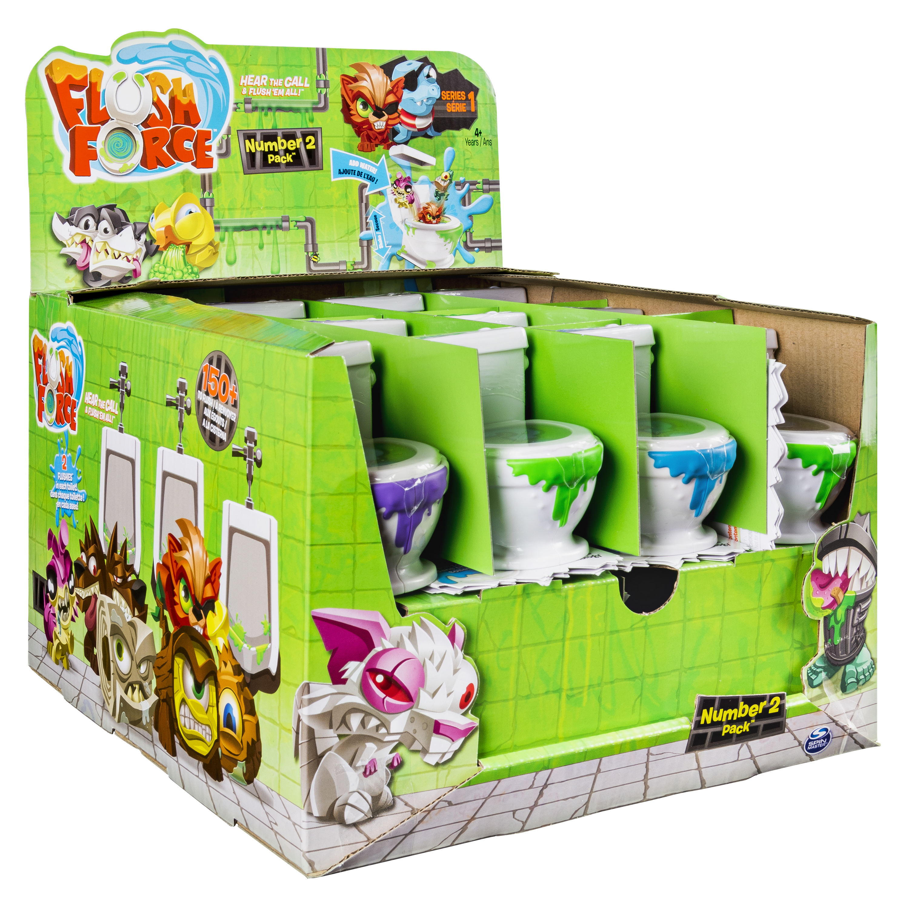 Pudełko wystawowe wypełnione zabawkami-toaletami. Pudełko ma postacie z kreskówek i kolorowy szlam.