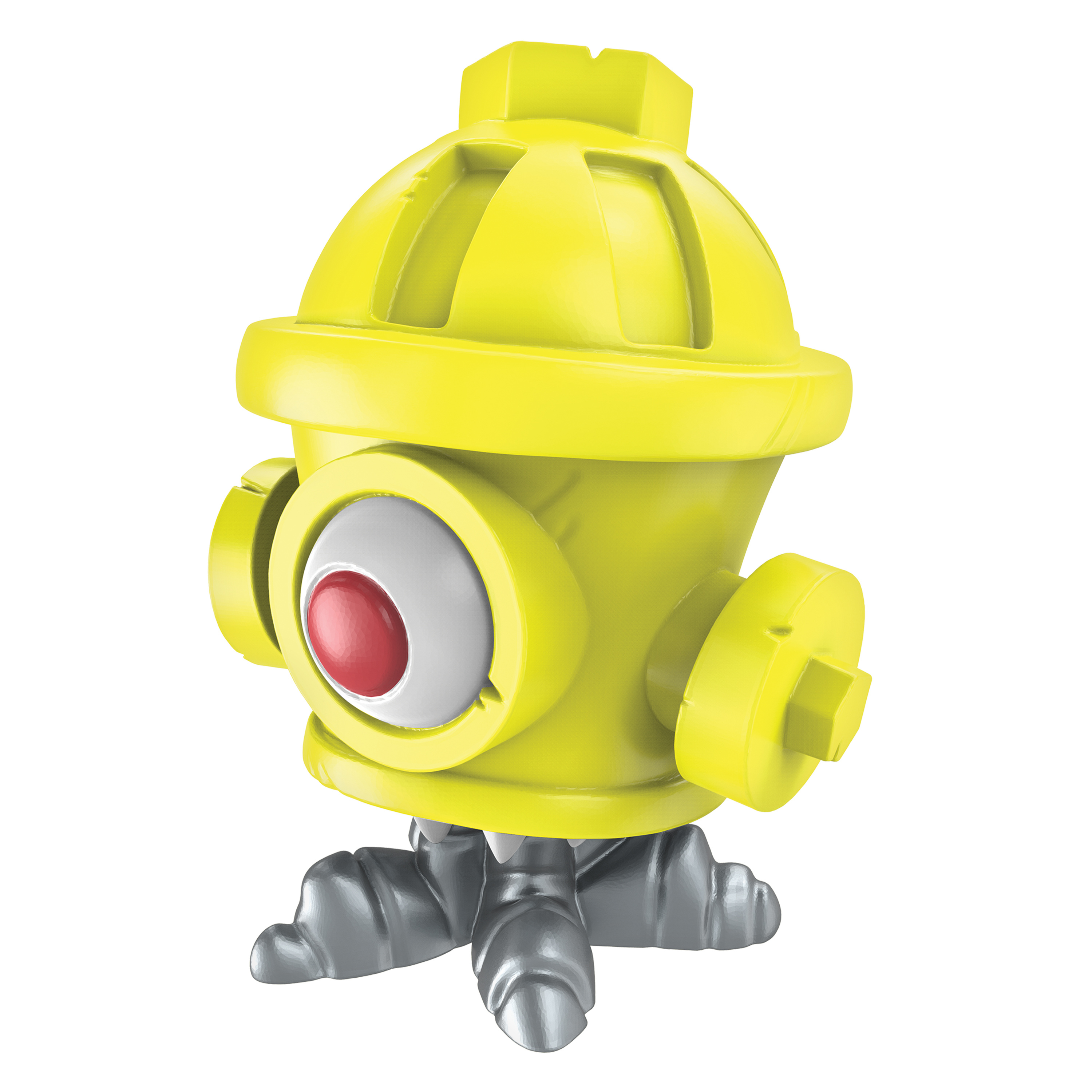 Żółty zabawkowy hydrant z czerwonym okiem i czerwoną górą.