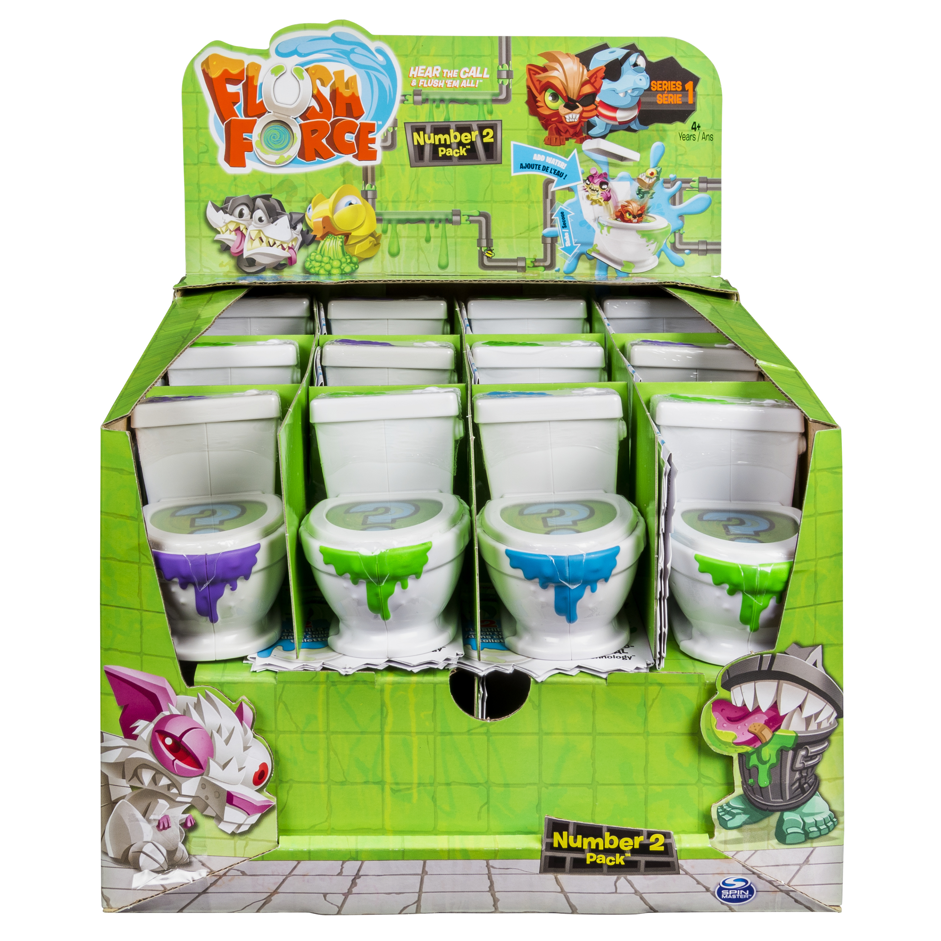 Pudełko wystawowe z zabawkami Flush Force. Pudełko przedstawia toalety i postacie z kreskówek z kolorowym szlamem.
