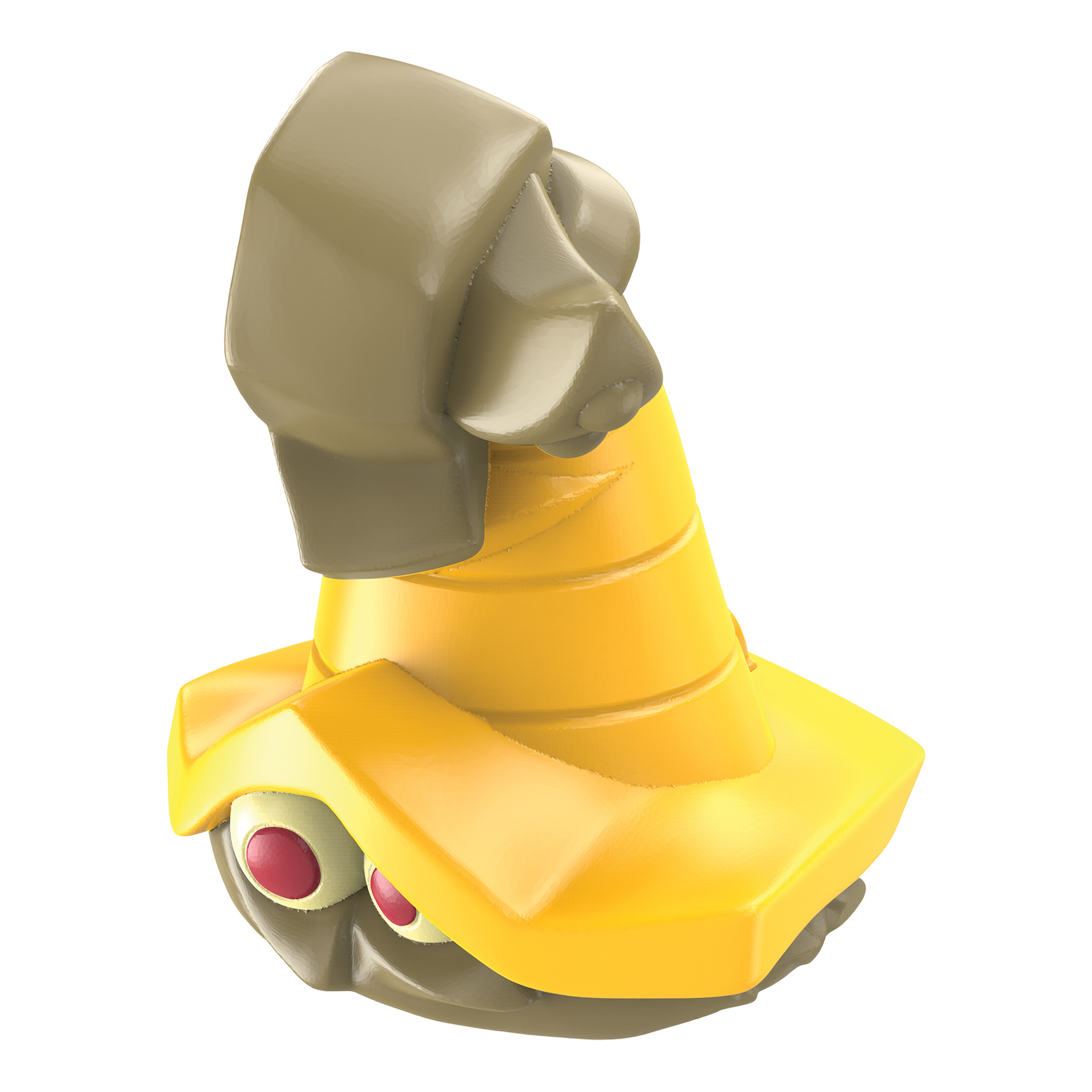 Żółta zabawka z szarymi akcentami, głową w kształcie stożka i czerwonymi oczami.
