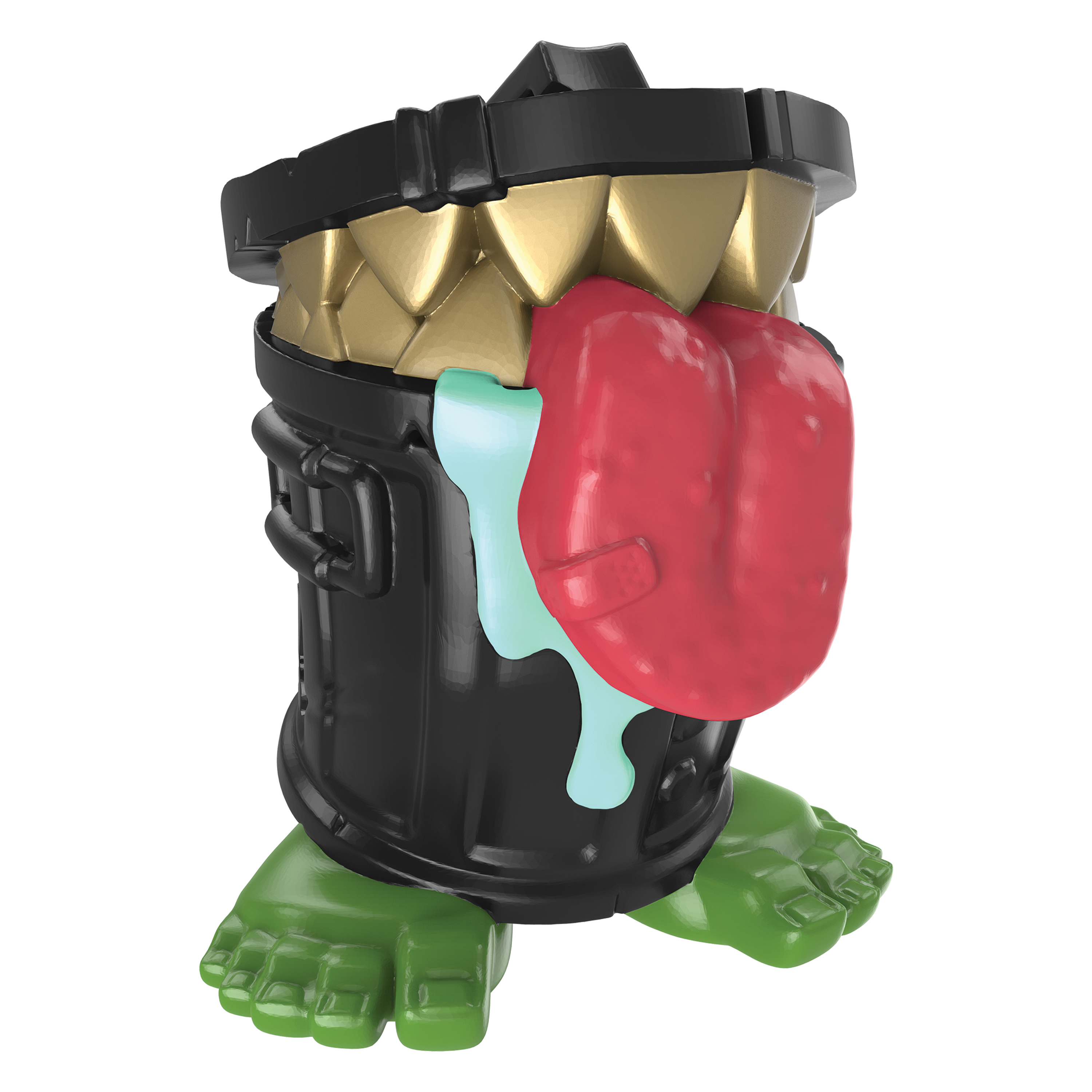 Zabawka potwór z kosza na śmieci z czerwonym językiem, złotymi zębami i zielonymi stopami.