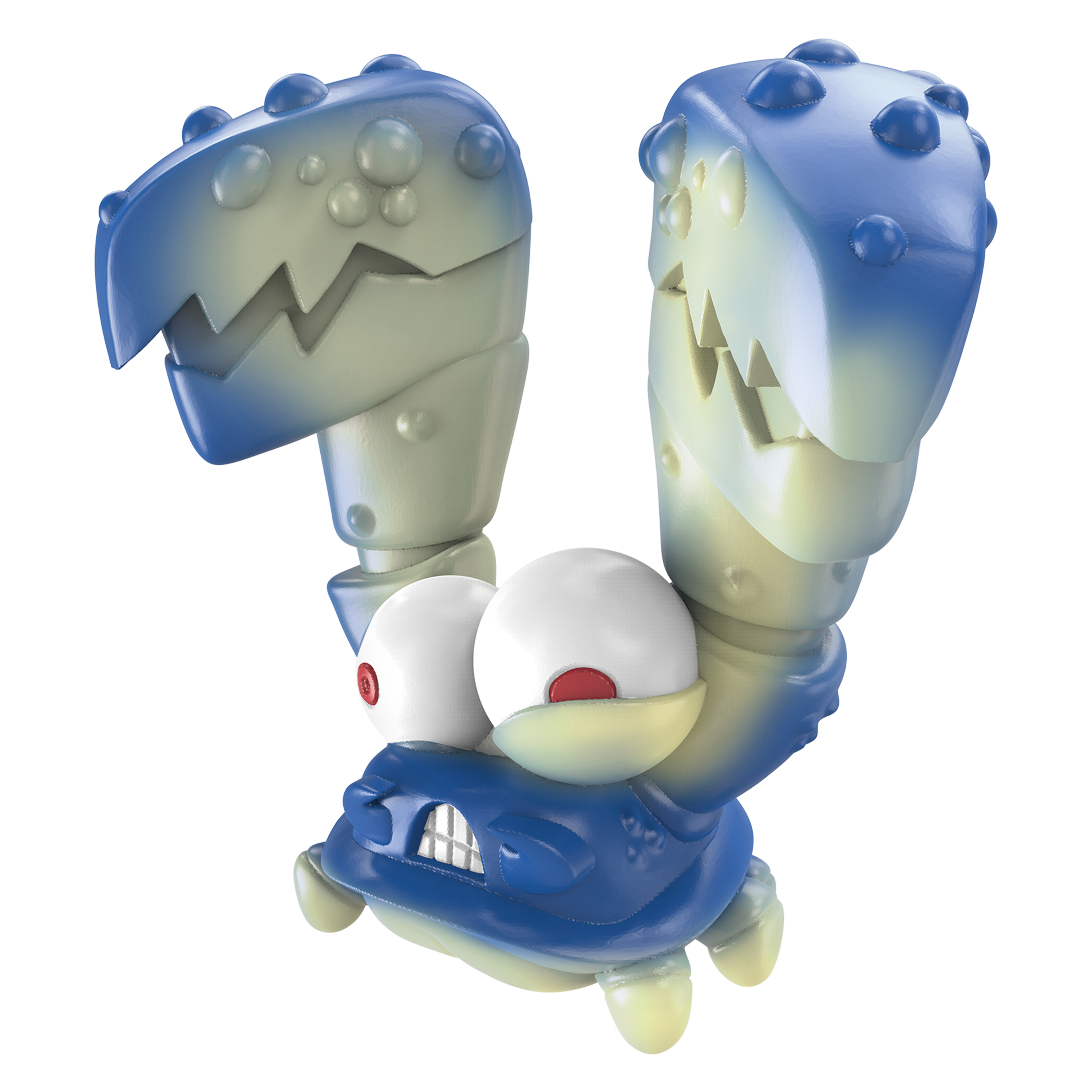 Niebieski zabawkowy krab z dużymi szczypcami i oczami. Krab się uśmiecha.