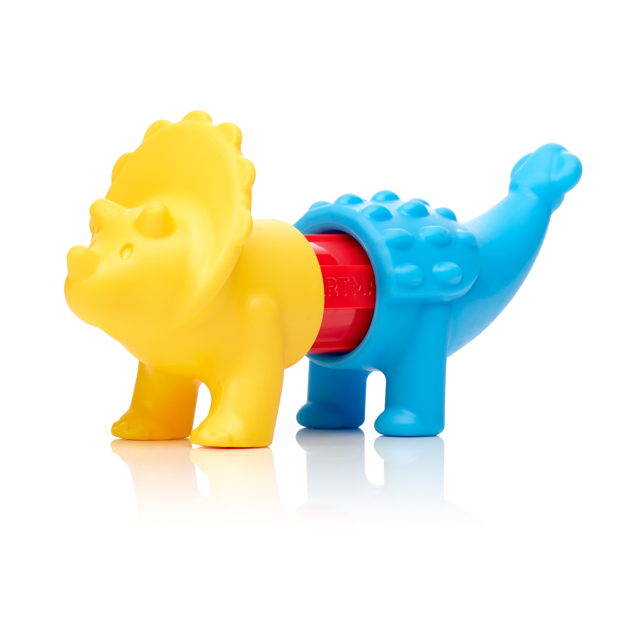 Zabawkowy dinozaur. Żółta głowa triceratopsa połączona z niebieskim ogonem.