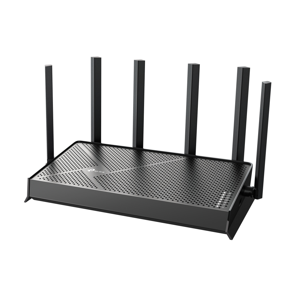 Czarny router TP-Link z sześcioma antenami na białym tle.