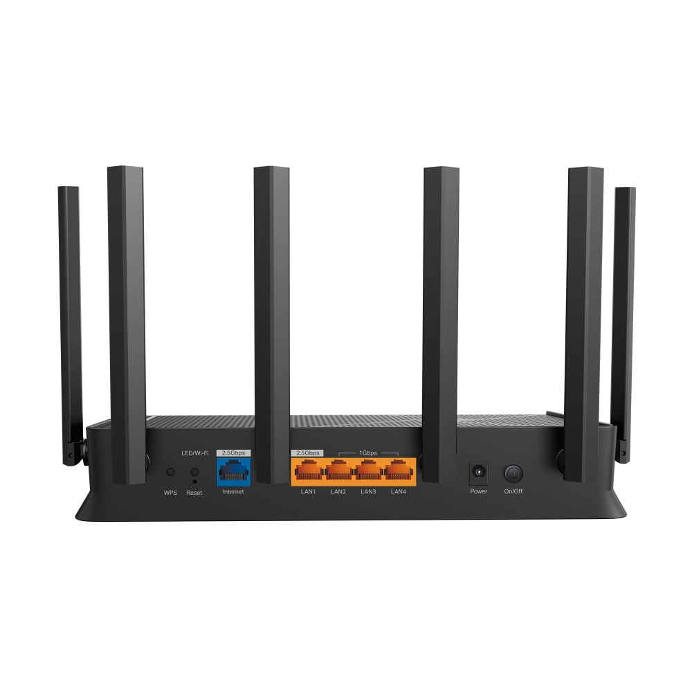 Czarny router z antenami, portami i przyciskami, na białym tle.