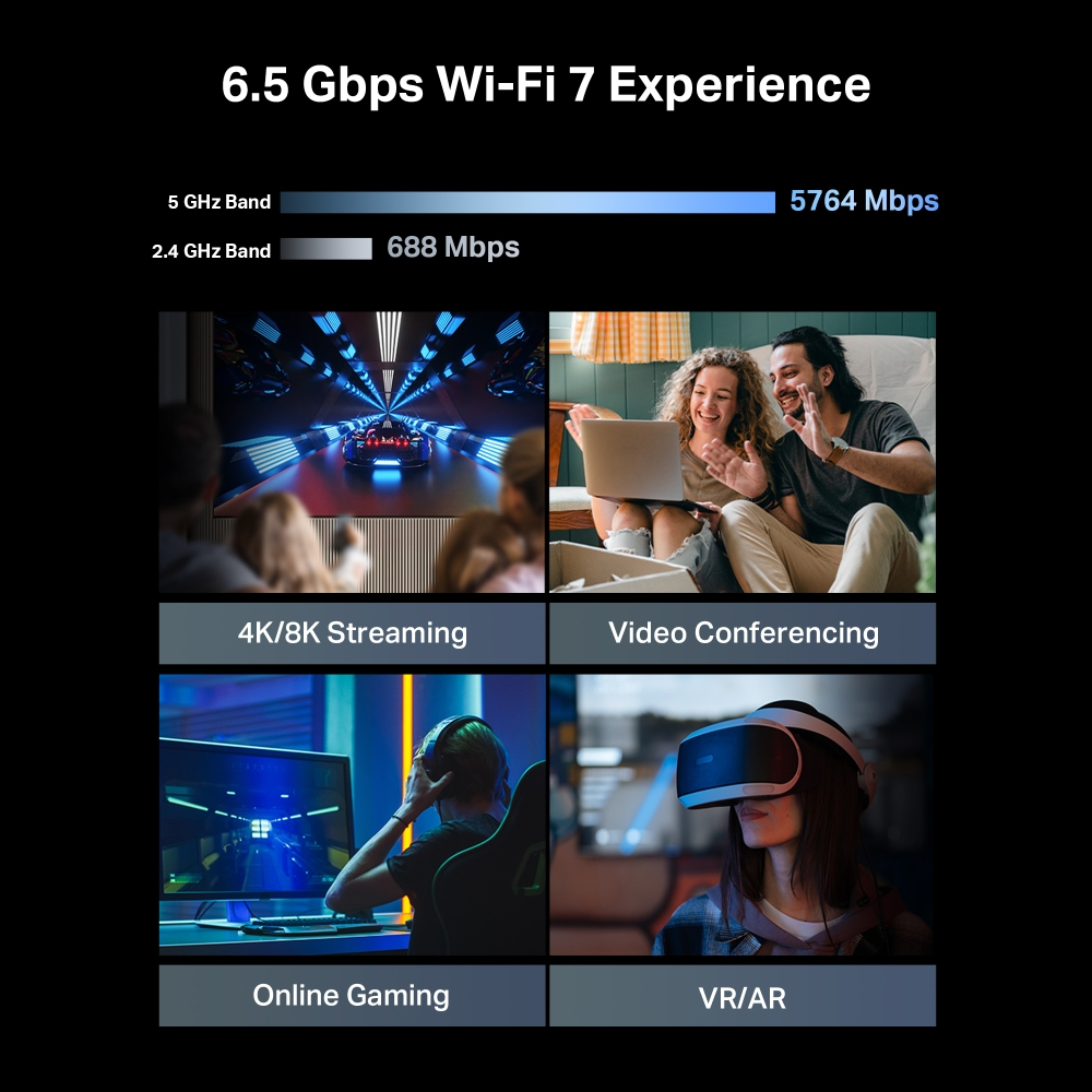 Obraz z banerem pokazującym streaming, wideokonferencje, gry online i VR/AR.