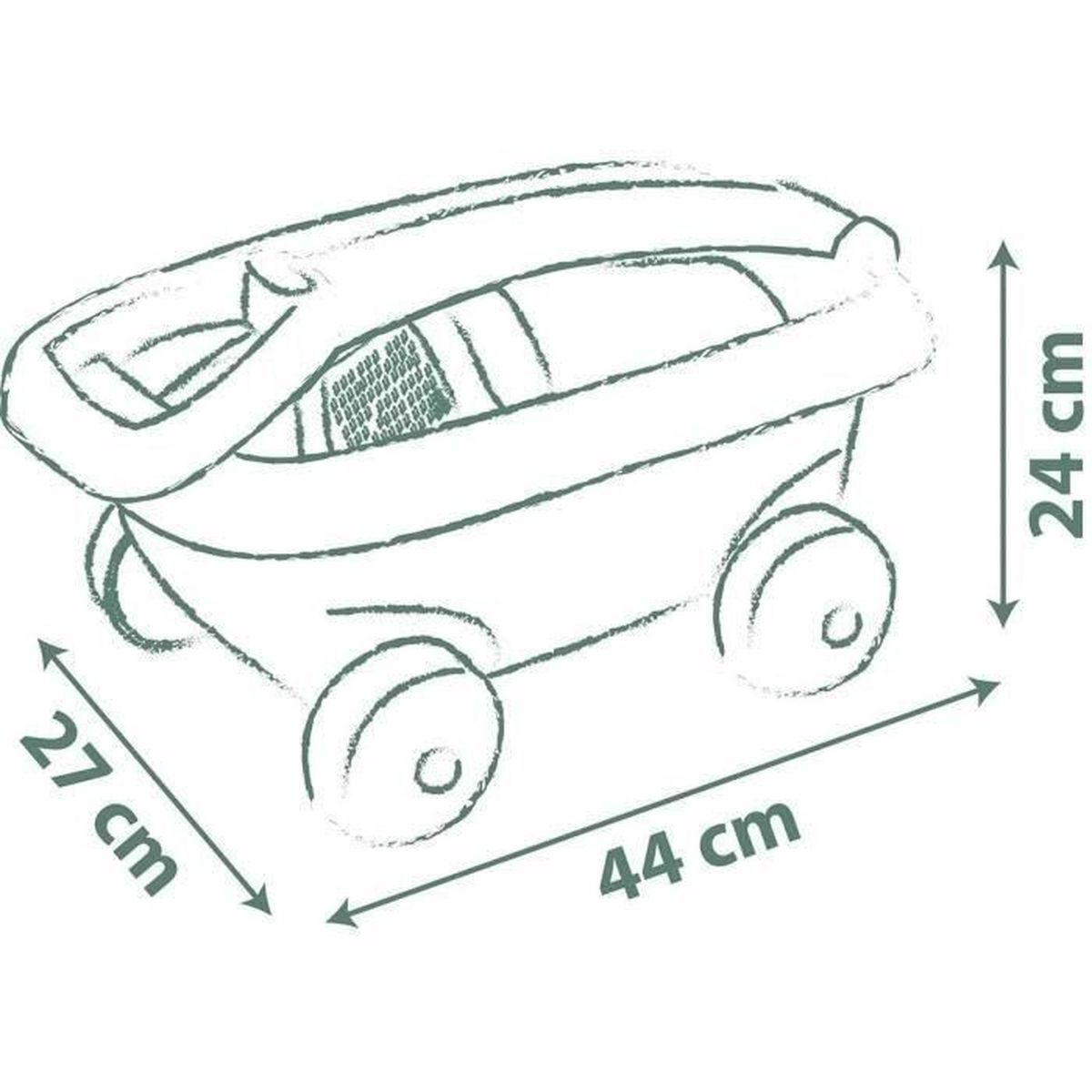 Rysunek niebieskiego samochodu zabawkowego z wymiarami zapisanymi w centymetrach na białym tle.