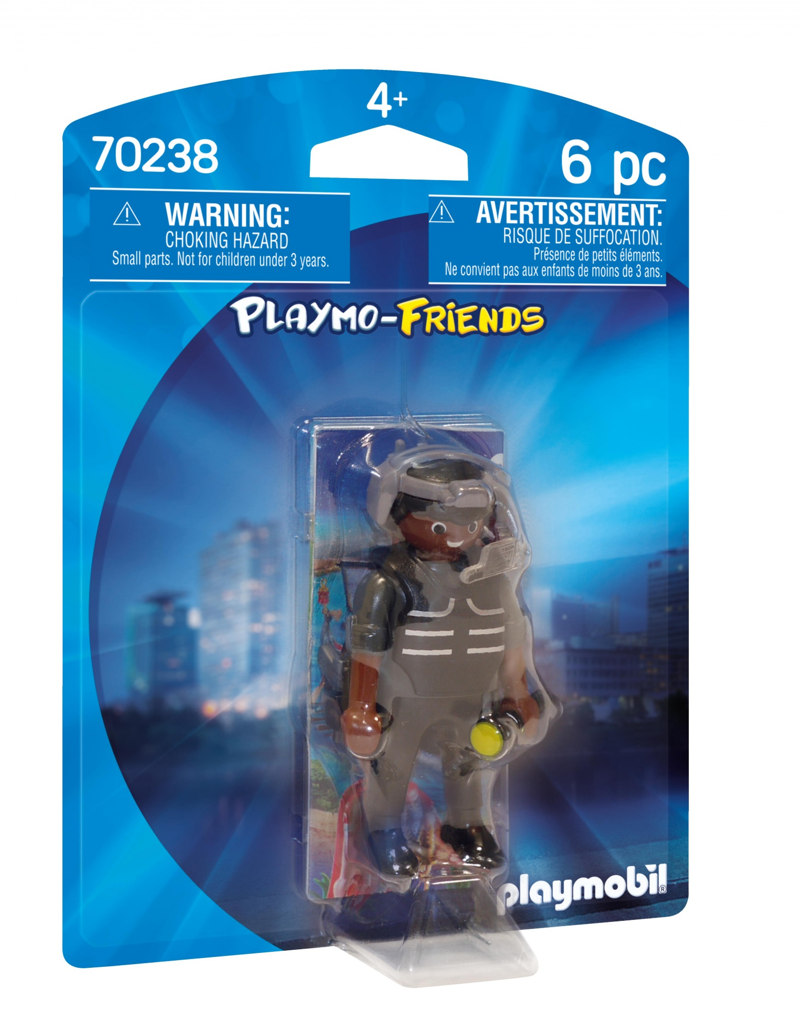 Una figura Playmobil in uniforme della polizia, all'interno di un blister.