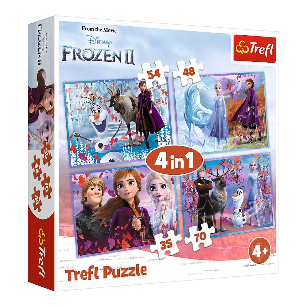 Scatola puzzle Frozen II con quattro puzzle. I personaggi includono Elsa, Anna, Olaf e Kristoff.