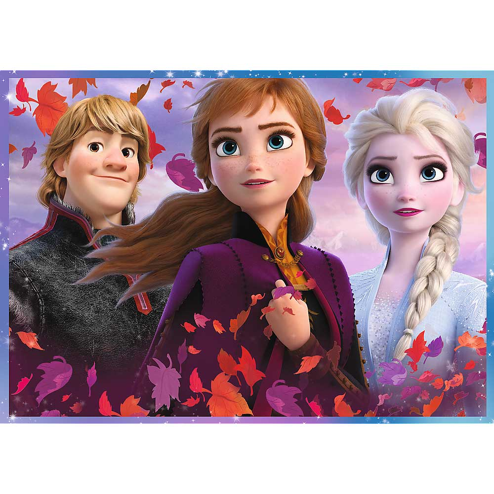 Puzzle Frozen. Anna, Elsa e Kristoff con foglie autunnali sullo sfondo.