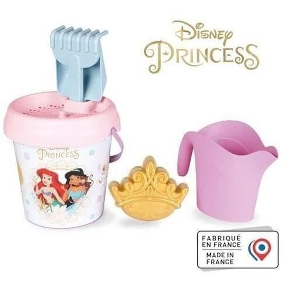 Różowe zabawki plażowe Disney Princess, wiadro, grabie, konewka, korona, z logo i Made in France.
