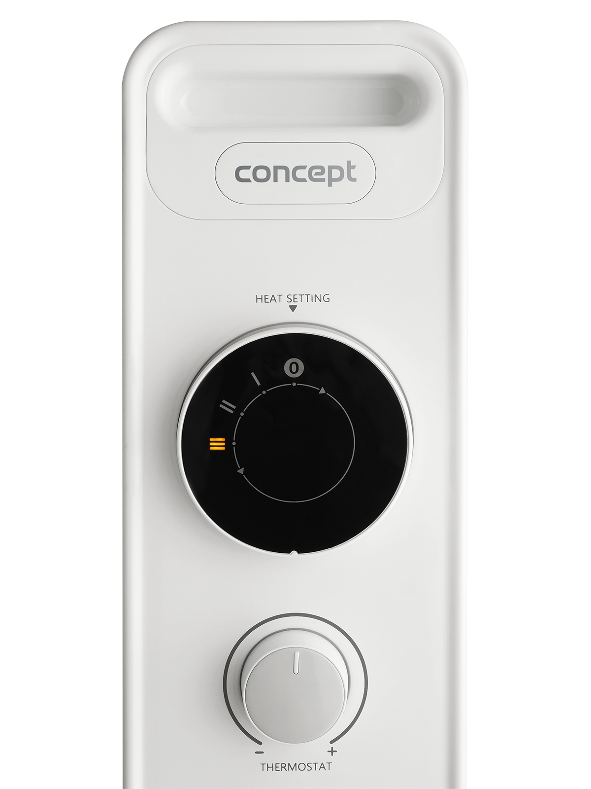 Zbliżenie na panel sterowania białego grzejnika olejowego z pokrętłem i termostatem.