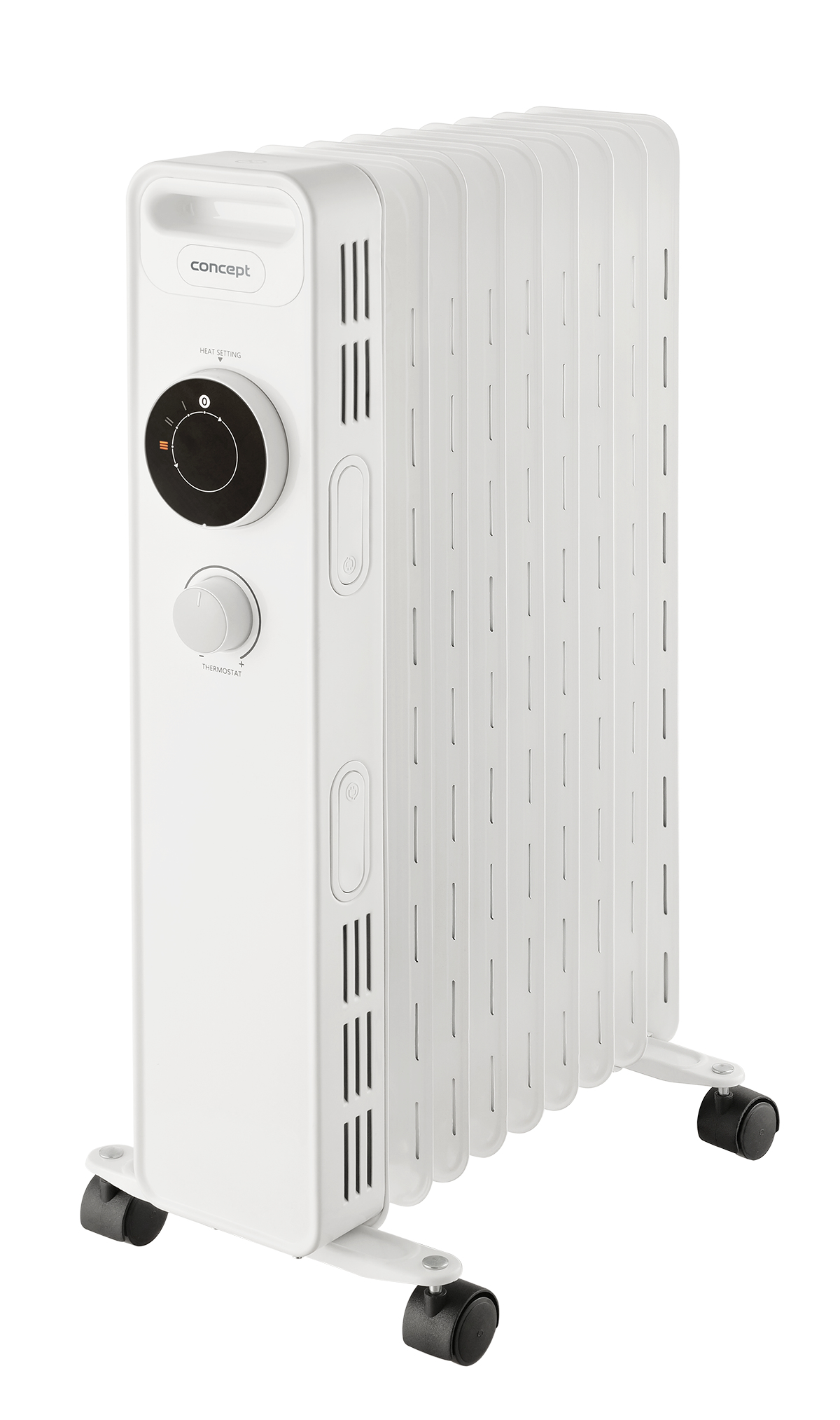 Biały grzejnik olejowy z panelem sterowania i kółkami, na białym tle.