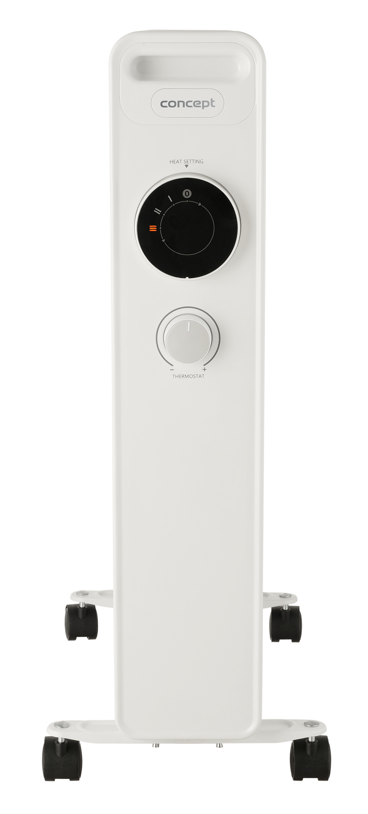 Biały grzejnik elektryczny z panelem sterowania. Ma uchwyt na górze i kółka na dole.