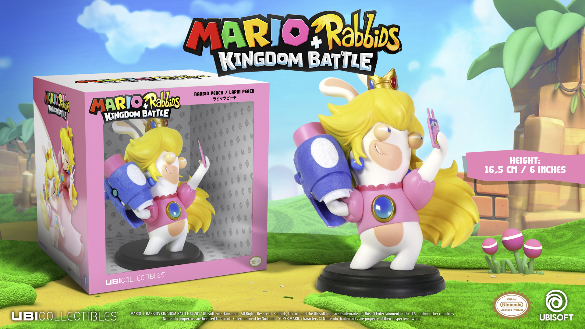 Figurka Rabbid Peach z gry Mario + Rabbids Kingdom Battle. Figurka jest w pudełku.