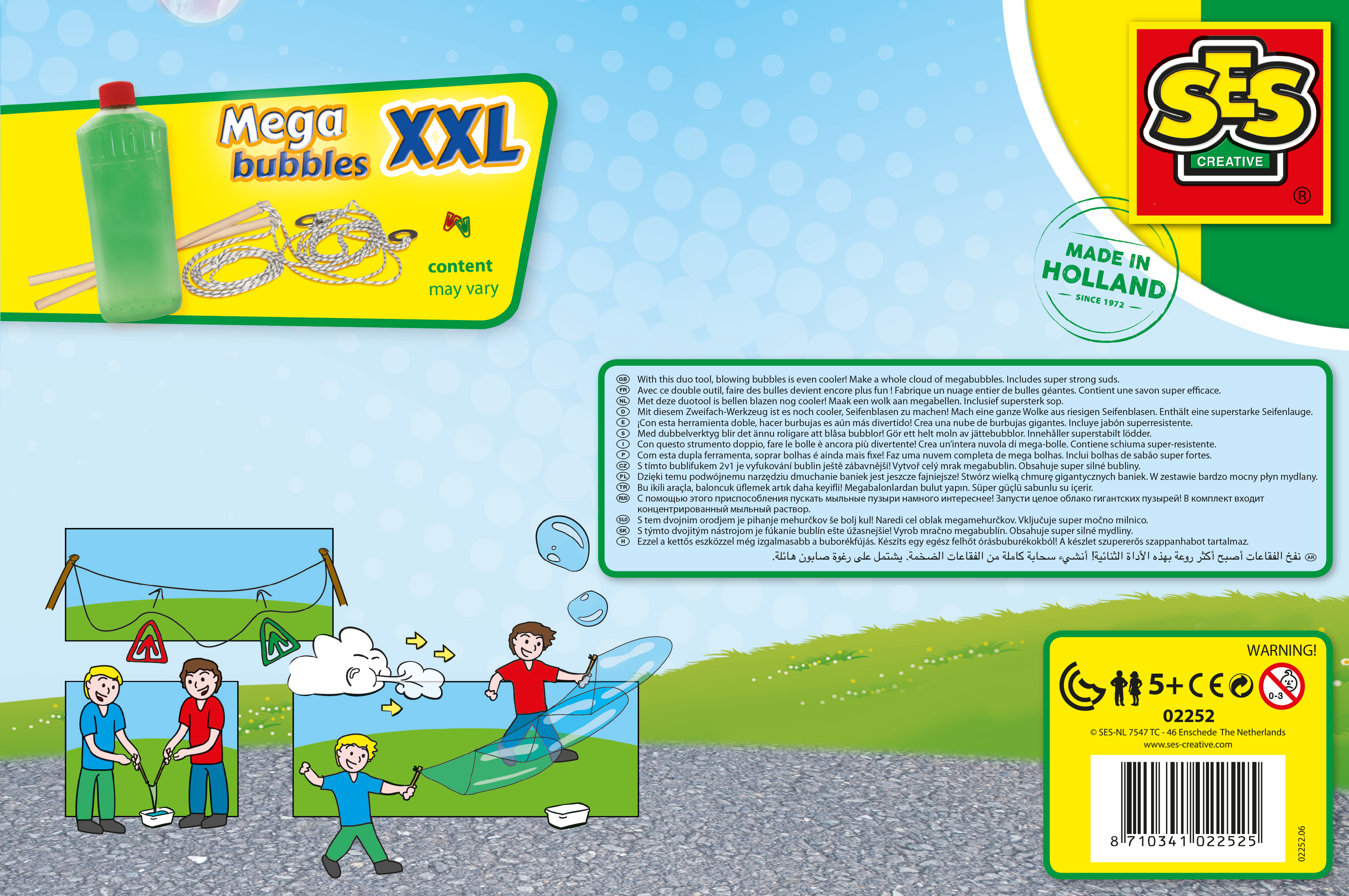 Tył pudełka z instrukcjami tworzenia mega baniek, z ilustracjami dzieci.