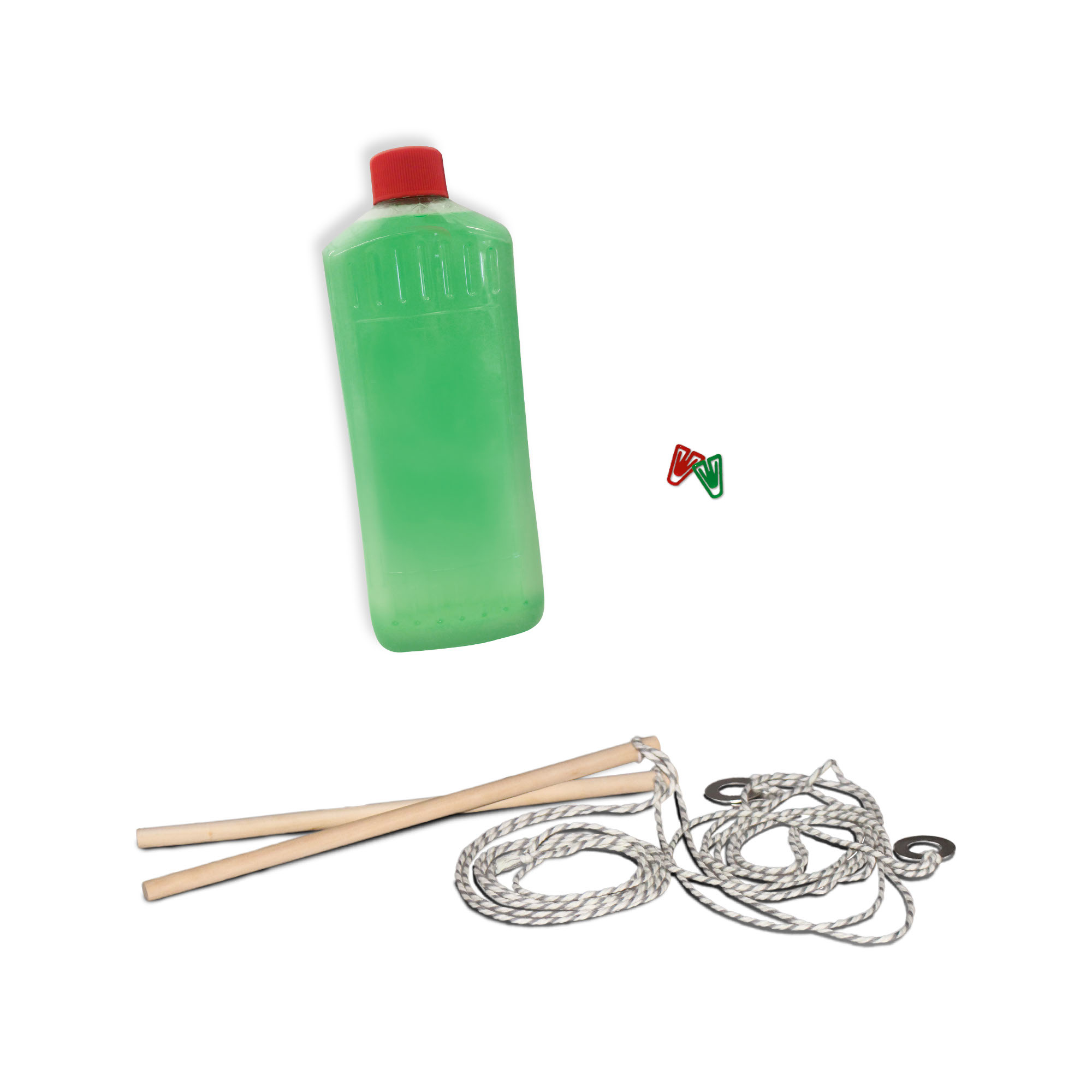 Bottiglia di liquido verde, tappo rosso, spago, bastoncini di legno, graffette rosse e verdi.