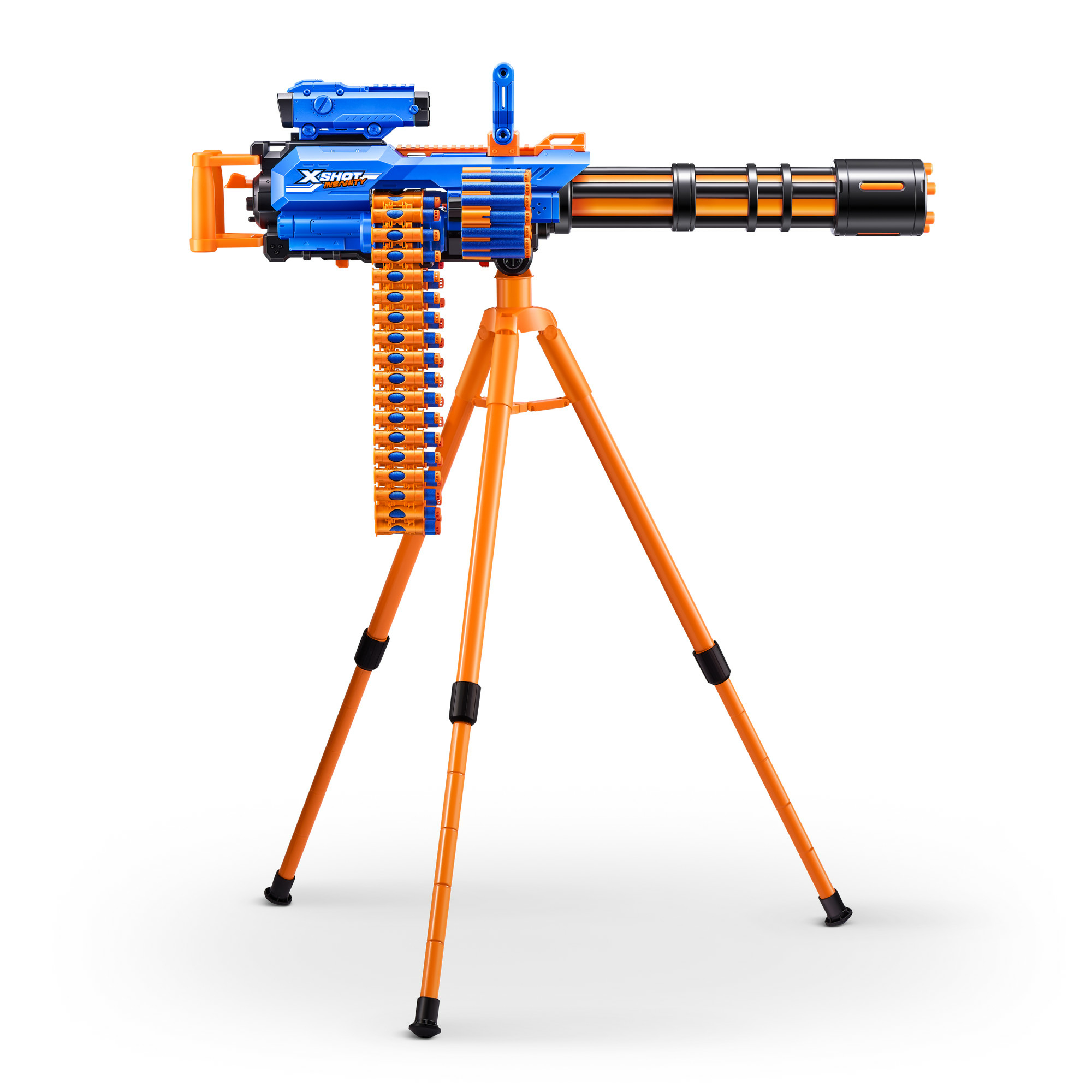 Pomarańczowy i niebieski pistolet-zabawka zamontowany na statywie. Ma pas amunicji, celownik i lufę.