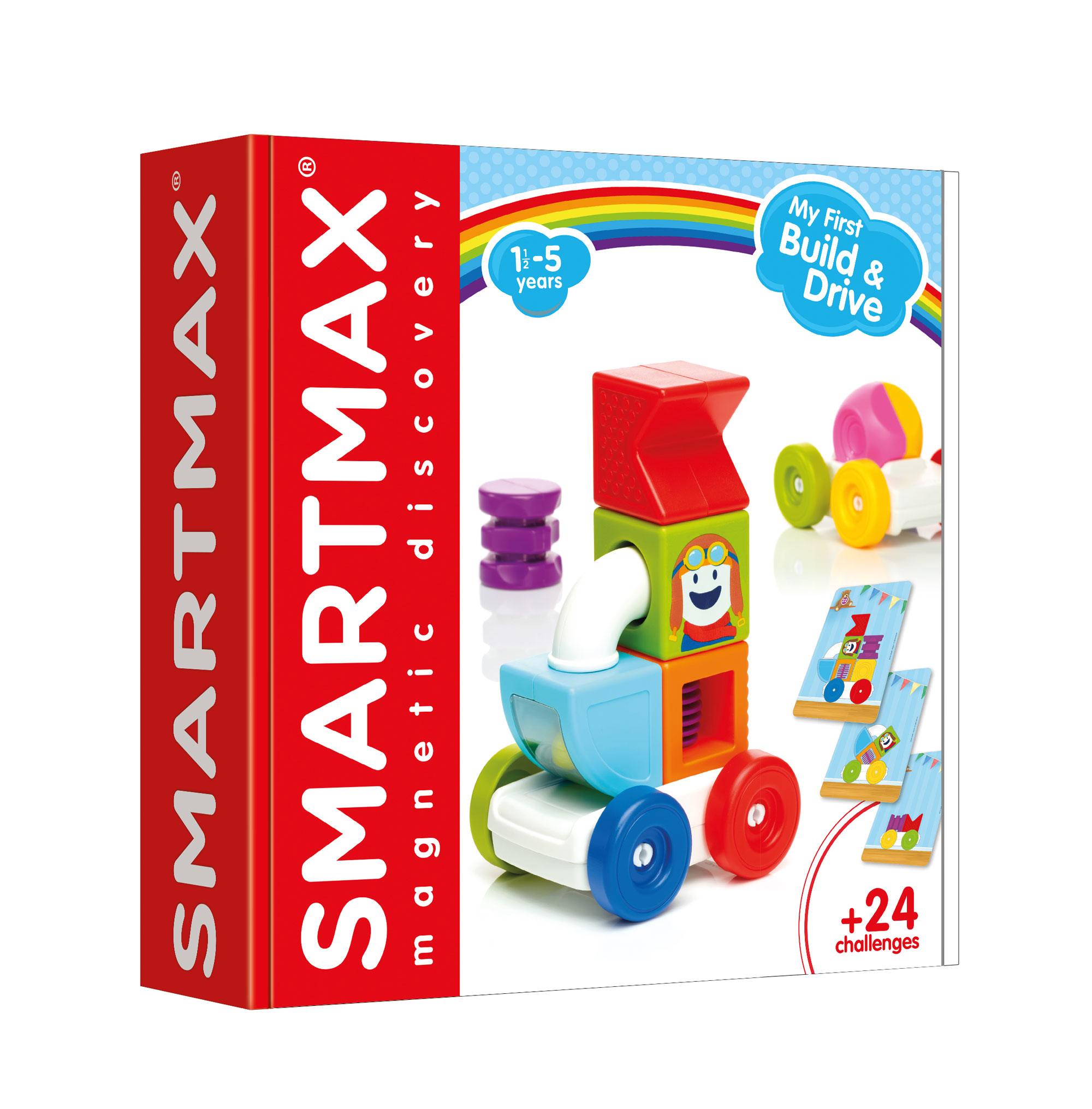 Una scatola di giocattoli con blocchi colorati e un design a treno, con un arcobaleno e la scritta 'My First Build & Drive'.