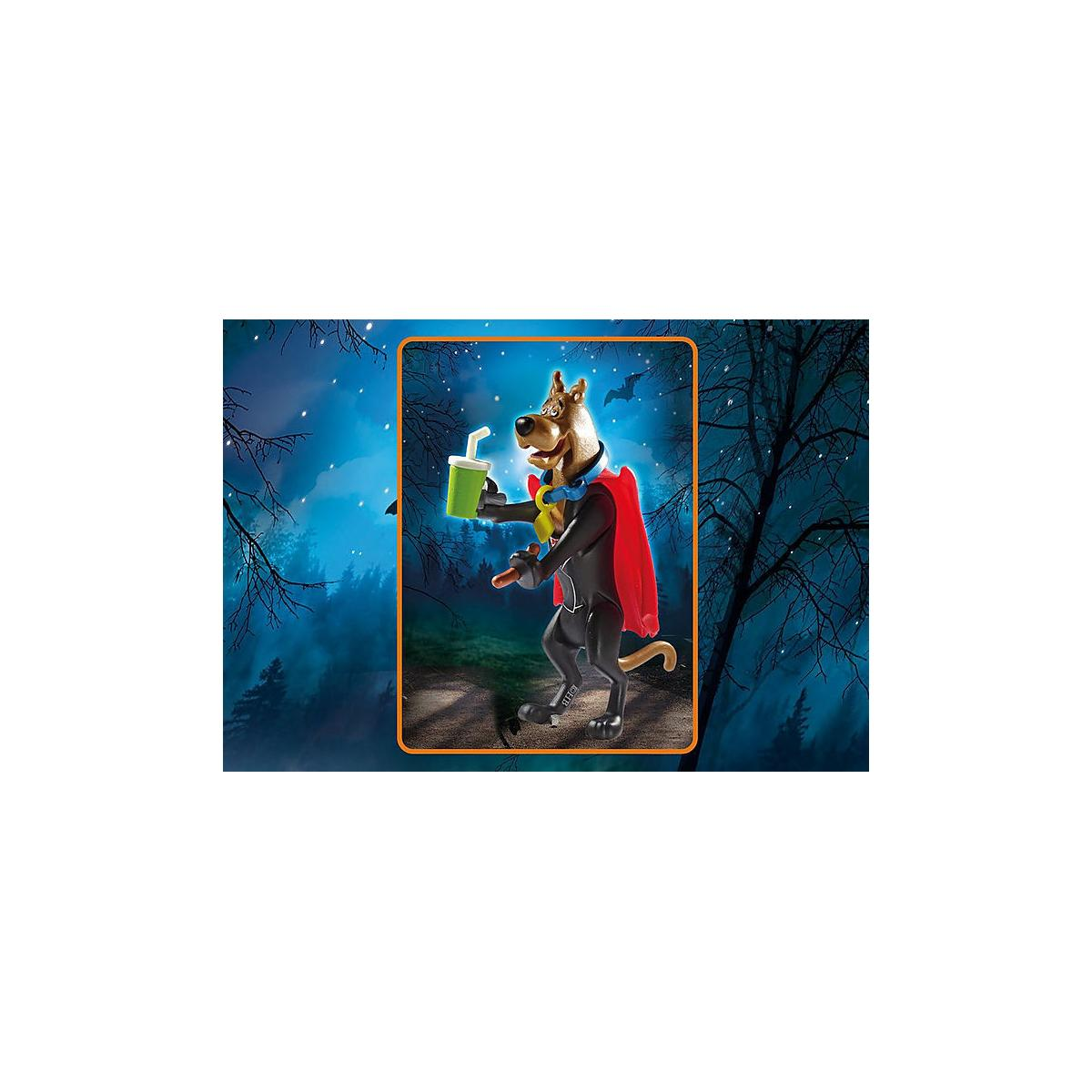 Scooby-Doo trzymający napój ze słomką w niebiesko-pomarańczowej ramce na tle nocnego nieba.