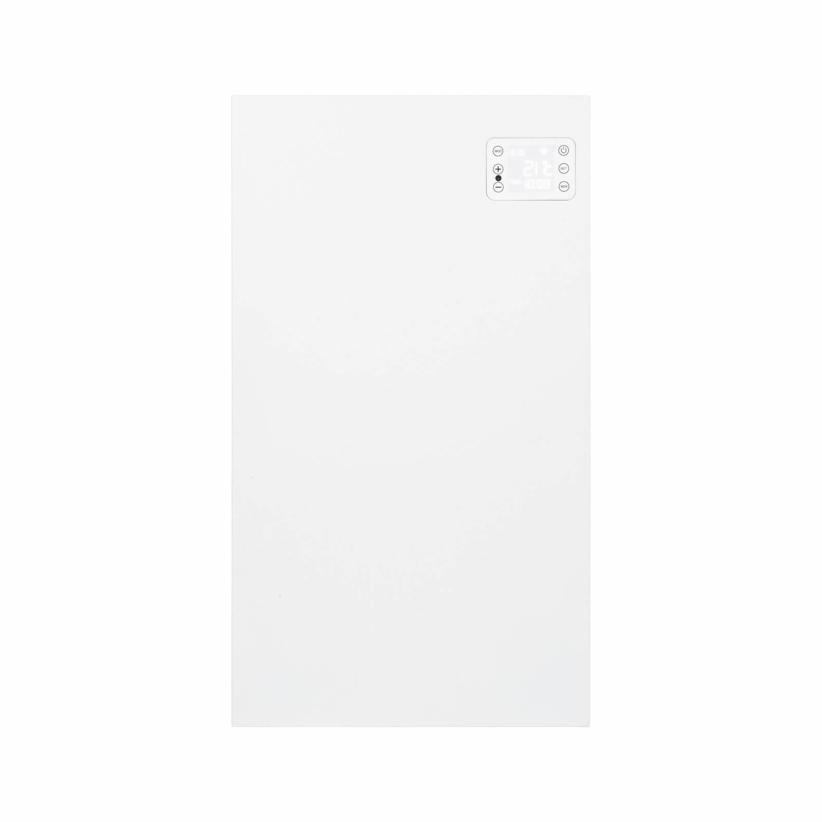Termosifone a parete bianco con display digitale. Comandi in alto. Prese d'aria in basso.