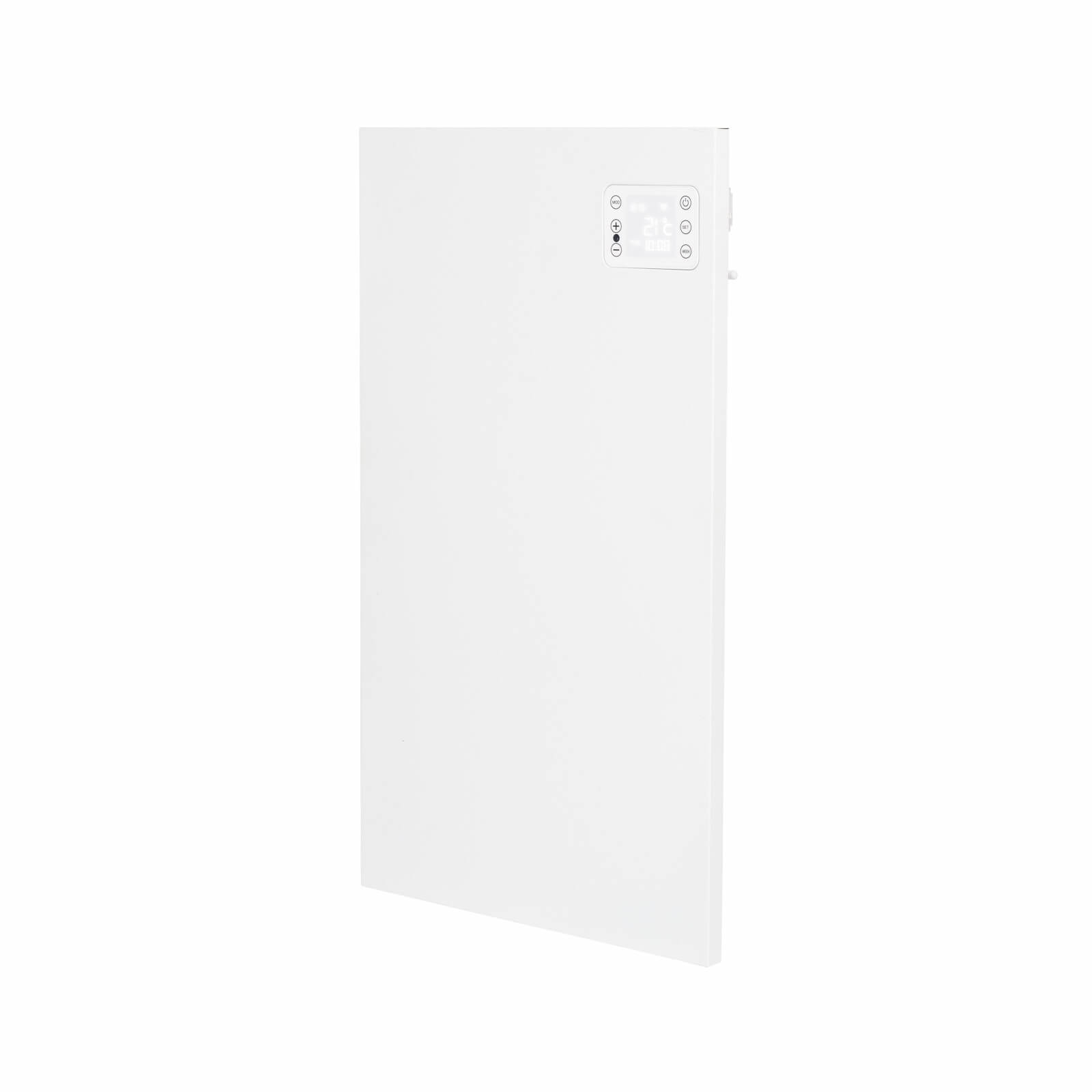 Termosifone a parete bianco con display digitale. Comandi in alto. Prese d'aria in basso.