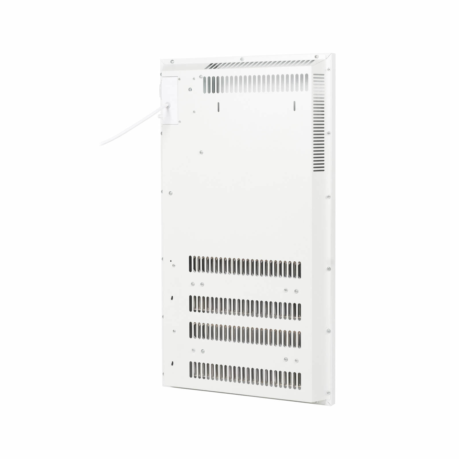 Il retro di un riscaldatore bianco con prese d'aria, un cavo elettrico e fori per le viti.