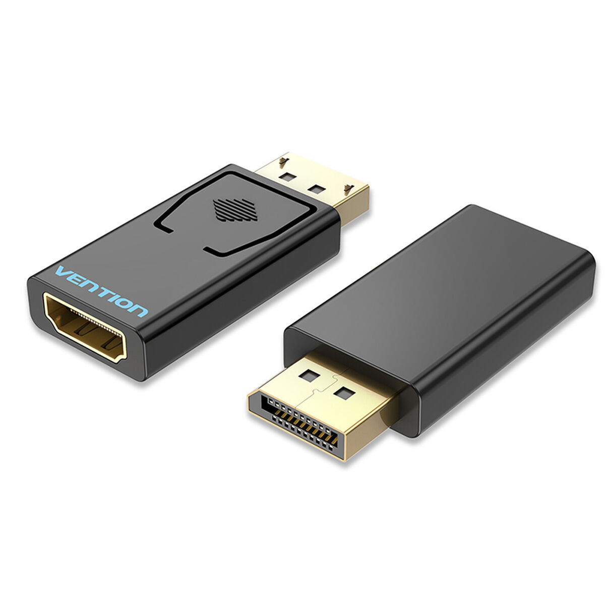 Due adattatori neri da HDMI a DisplayPort, con la parola "VENTION" su uno.