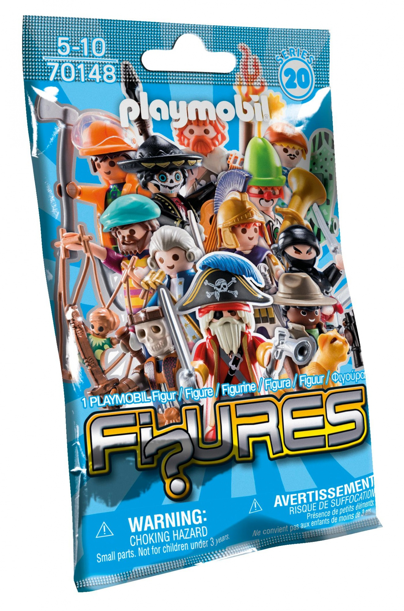 Busta sigillata di figure Playmobil con varie figure di giocattoli visibili.