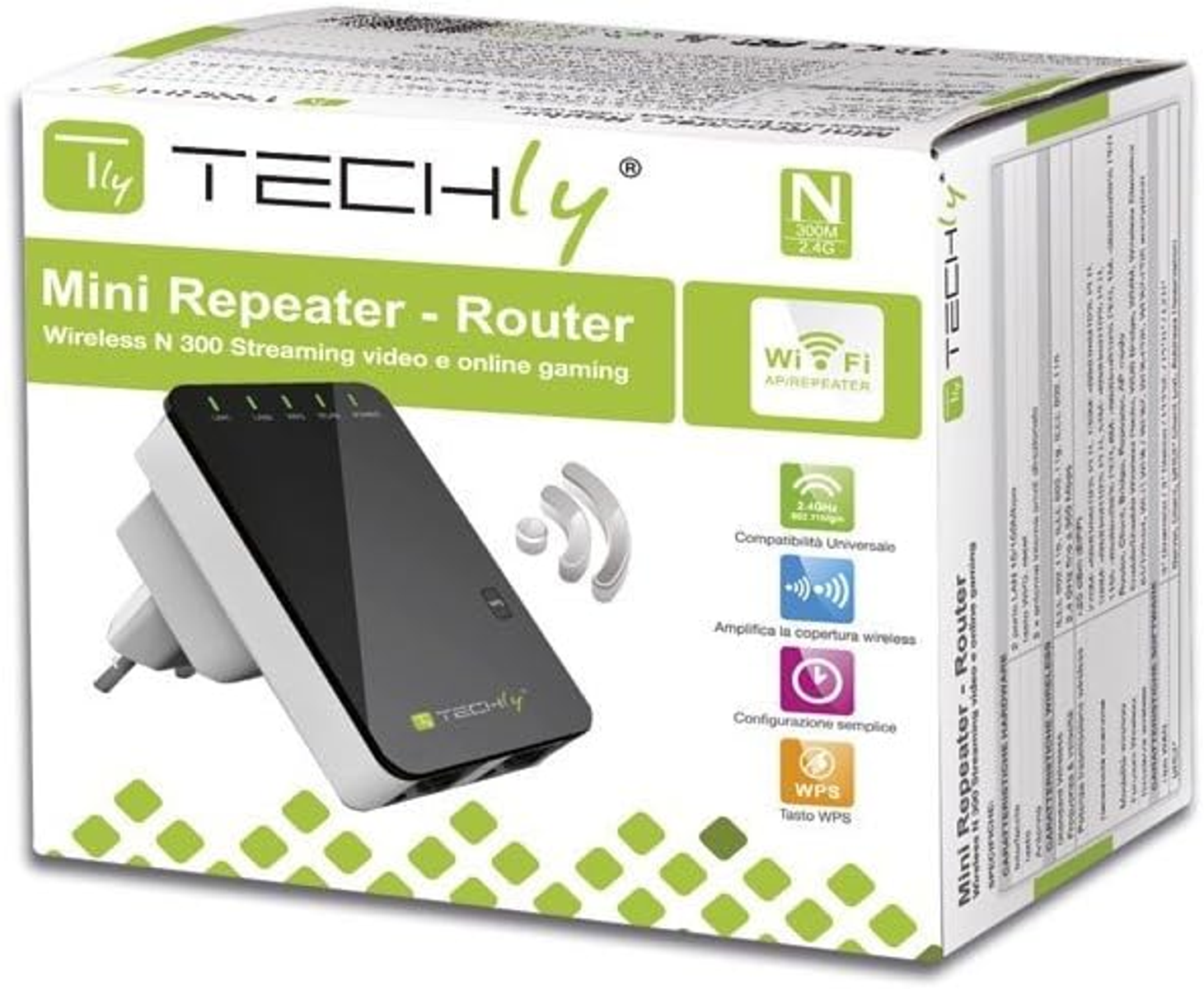 Eine weiß-schwarze Mini-Repeater-Router-Box mit Text und Bildern auf einer weißen Oberfläche.