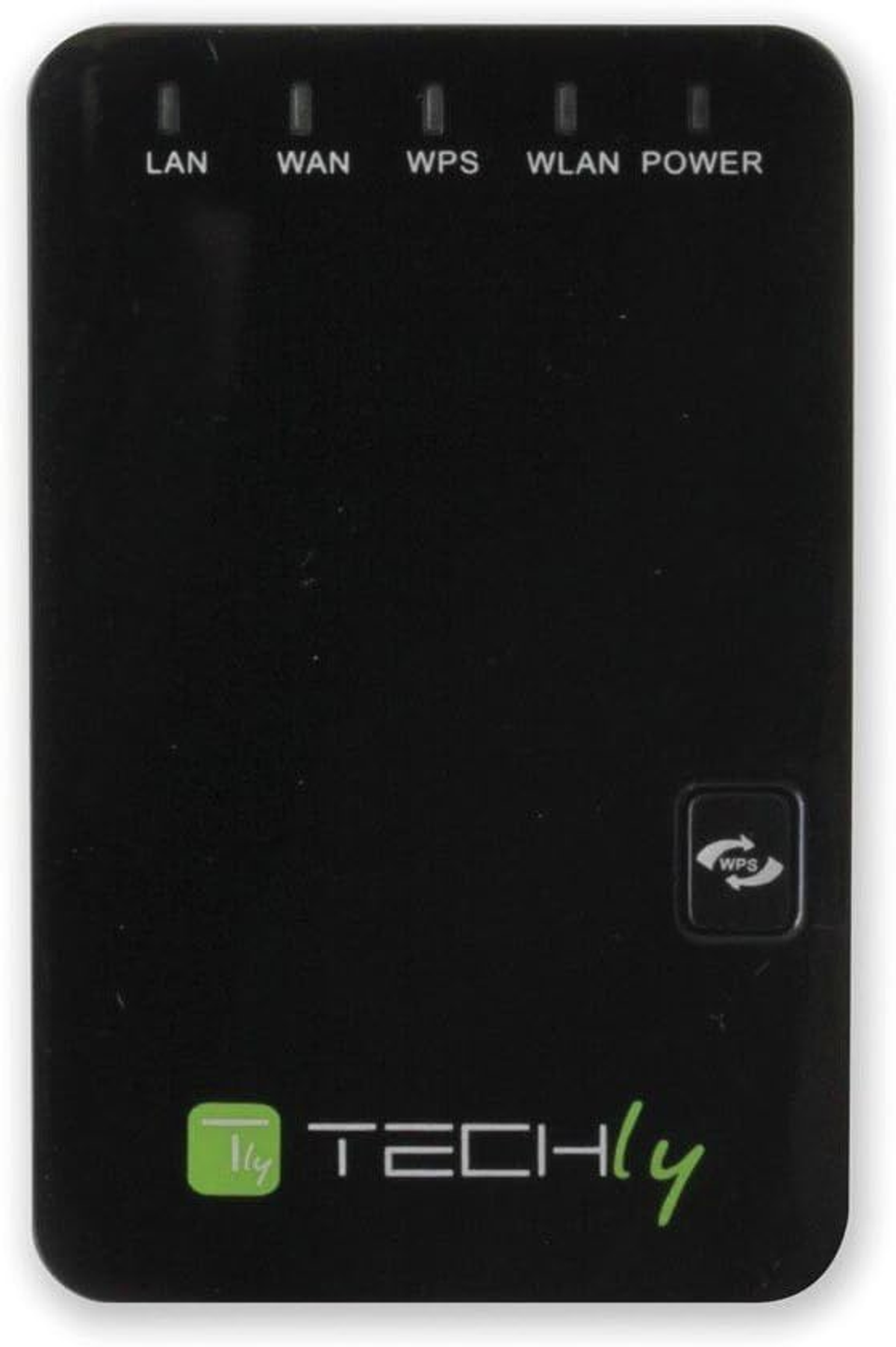 Schwarzer Techly WLAN-Repeater mit Kontrollleuchten, Ein-/Aus-Taste und 'TECHLY'-Logo auf weißem Grund.