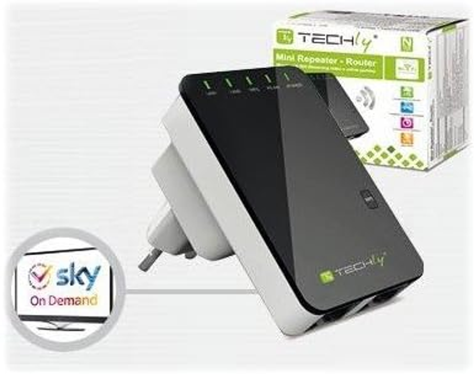 Ein schwarzer und weißer Router, ein Fernseher und eine Box. Der Router hat ein schwarzes Gehäuse und ist eingesteckt.