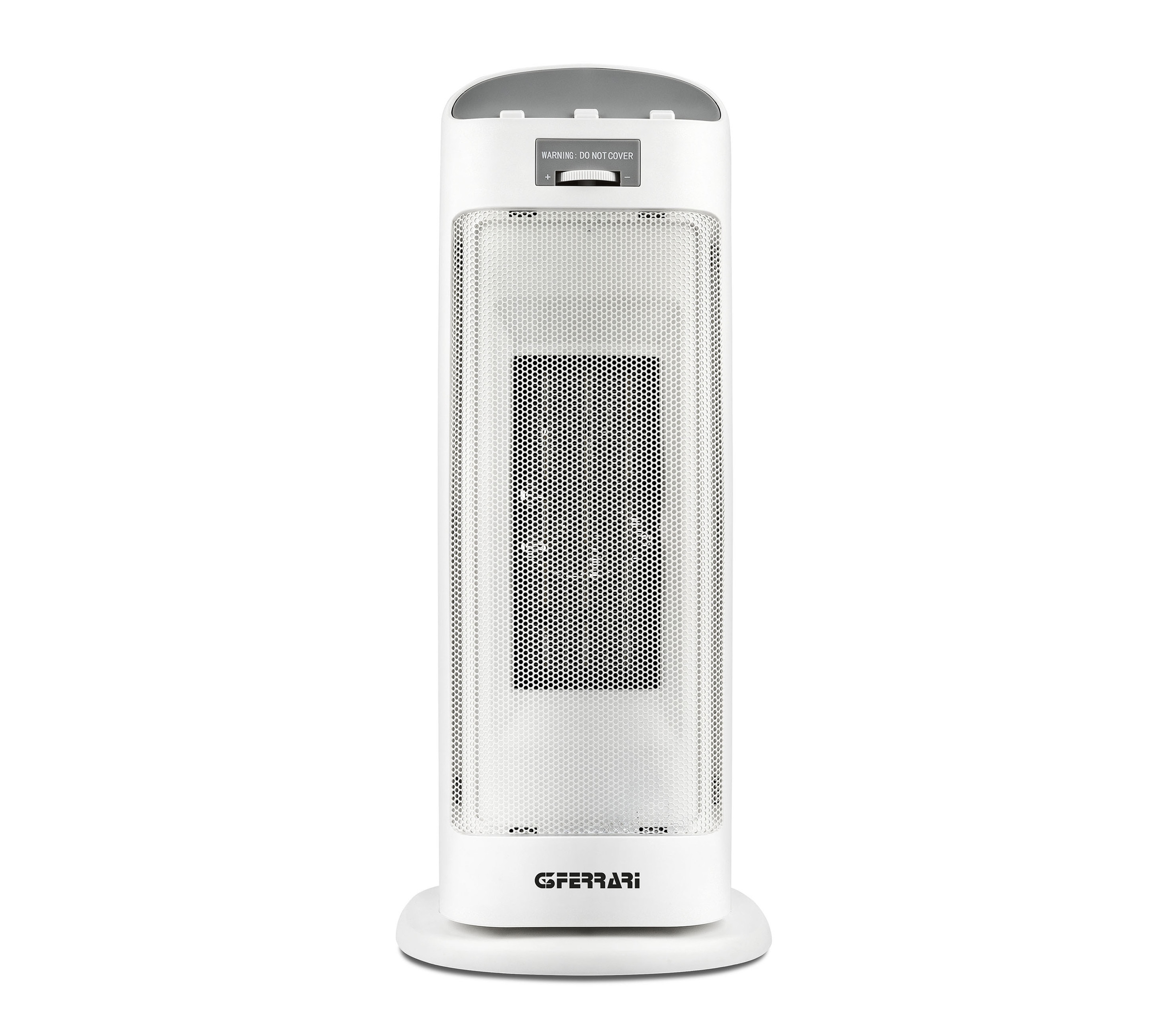 Biały grzejnik wieżowy z cyfrowym wyświetlaczem i etykietą ostrzegawczą.