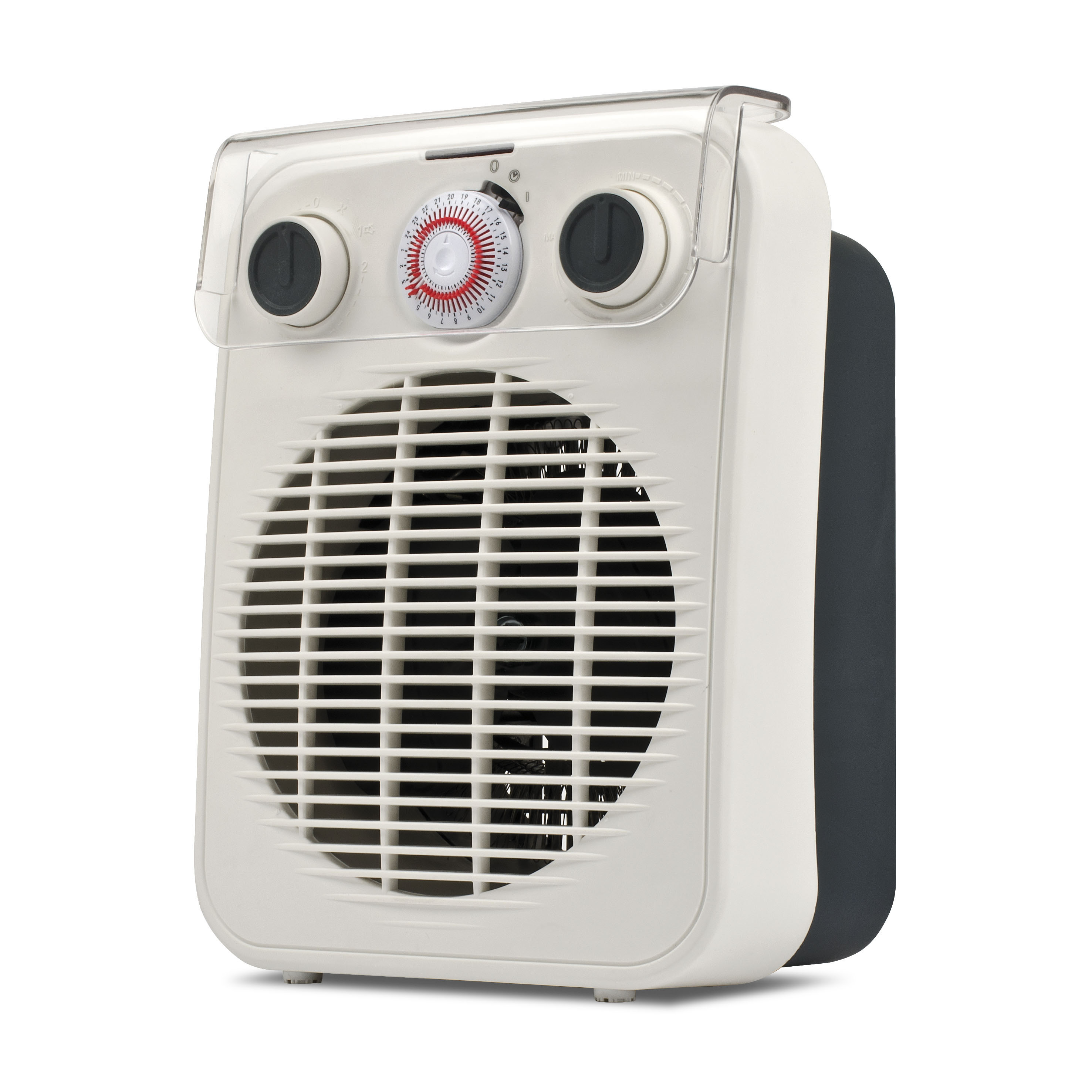 Calentador eléctrico con ventilador blanco y gris con mandos y cubierta transparente. Aislado en blanco.