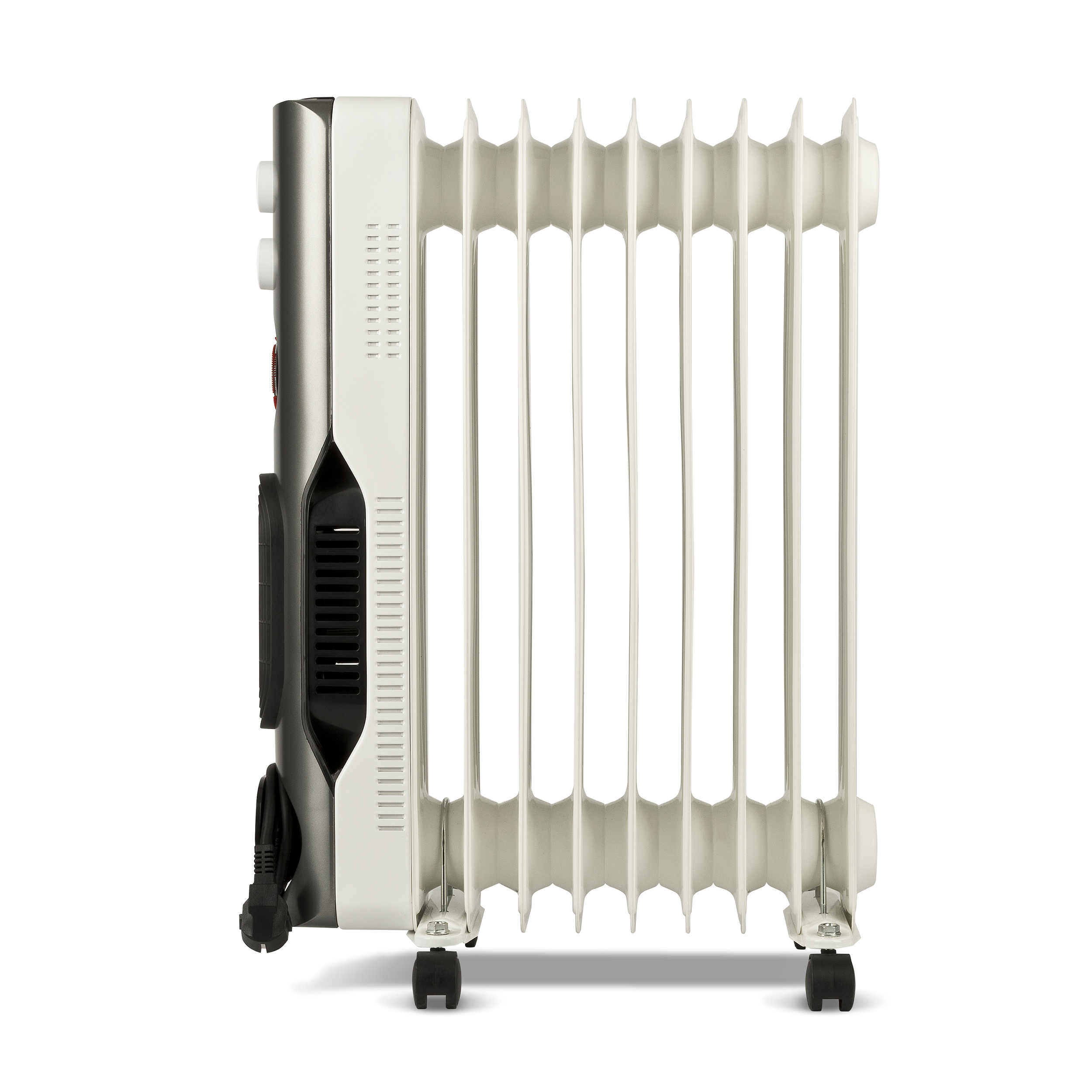 Widok z boku na biało-srebrny grzejnik elektryczny z żebrami i czarnymi kołami.